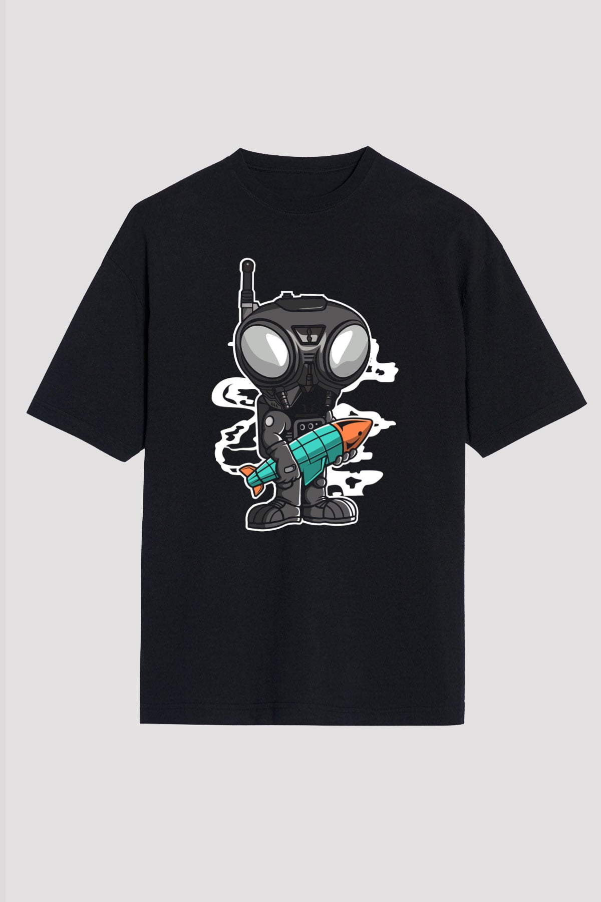 Q9-O Rocket Baskılı Siyah Unisex Oversize Tişört