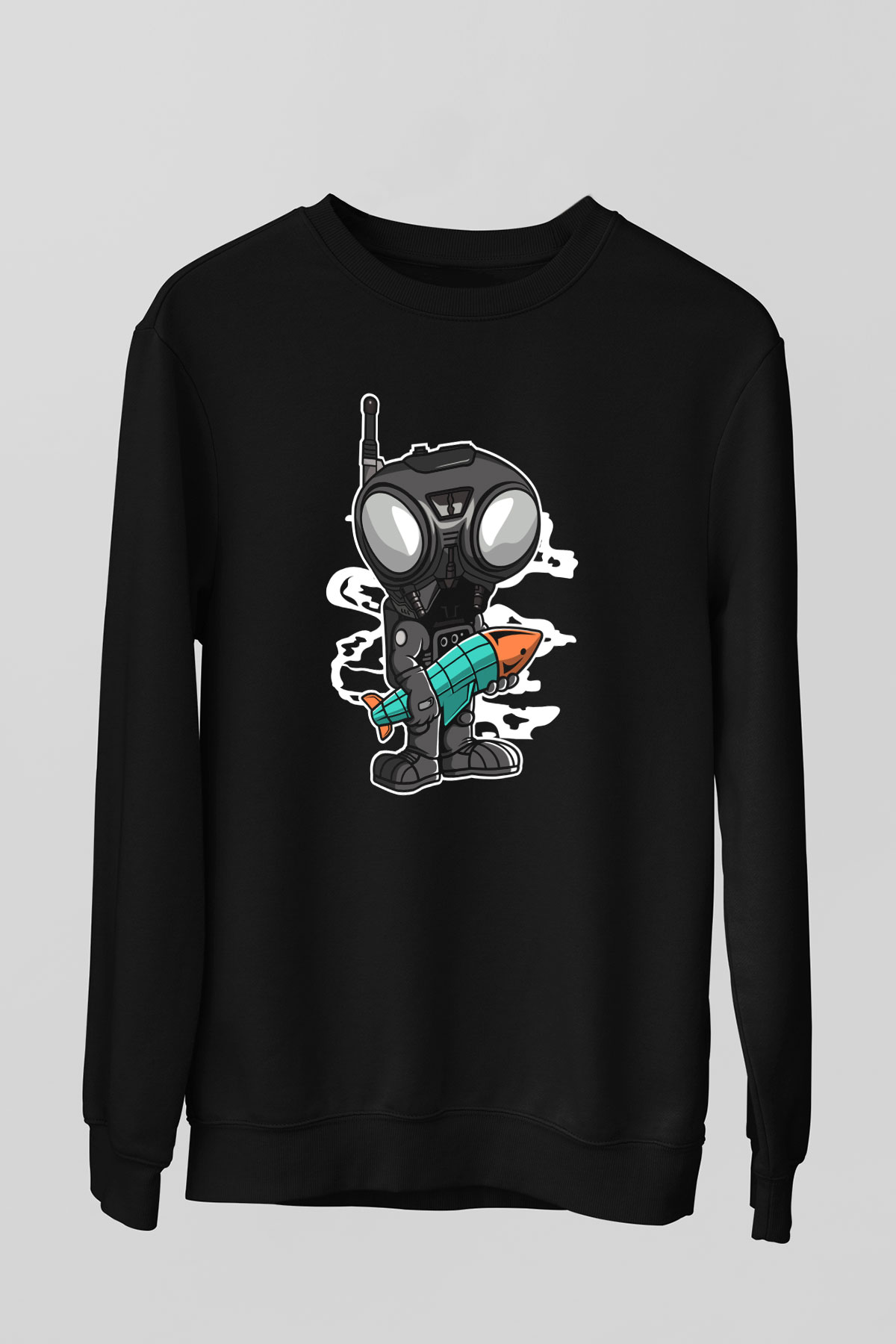 Q9-O Rocket Baskılı Siyah Unisex Sweatshirt