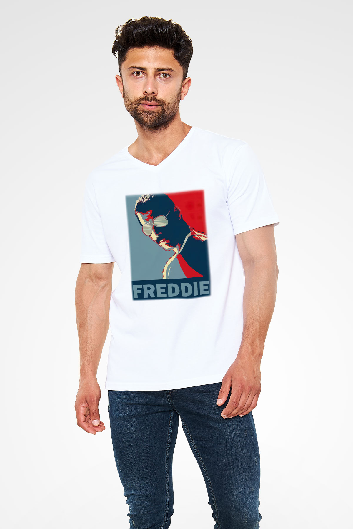 Queen Beyaz Unisex V Yaka Tişört T-Shirt