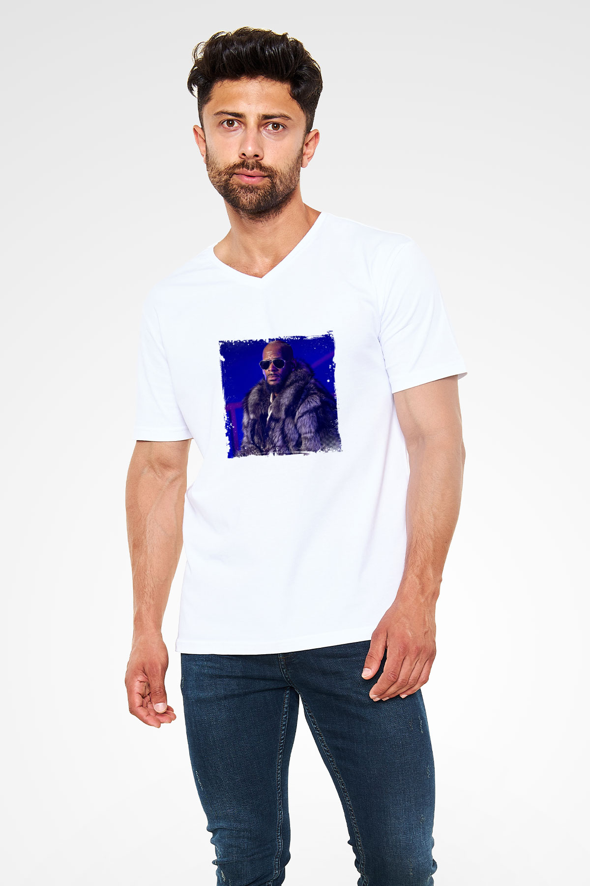 R. Kelly Baskılı Beyaz V Yaka Unisex Tişört