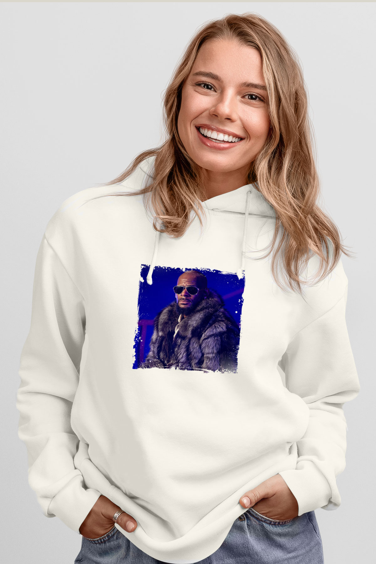 R. Kelly Baskılı Unisex Beyaz Kapüşonlu Sweatshirt