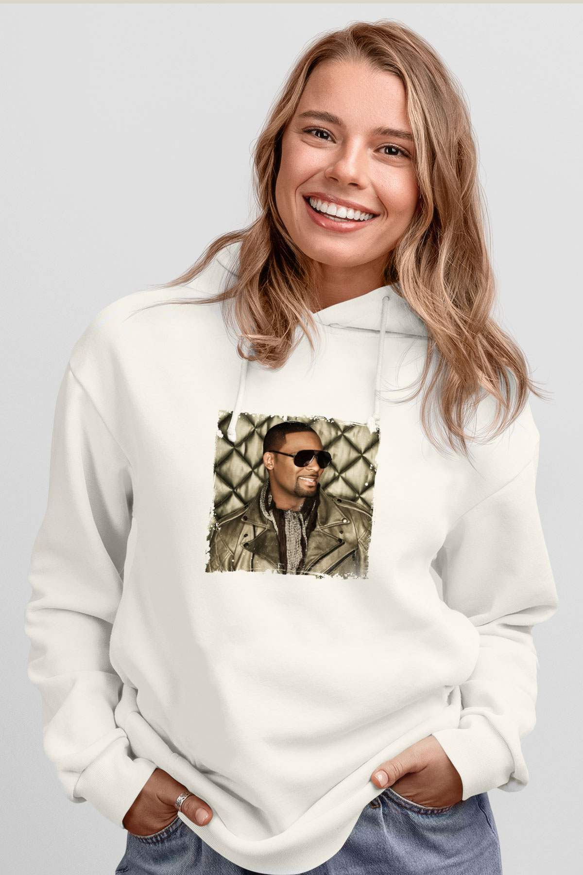 R. Kelly Baskılı Unisex Beyaz Kapüşonlu Sweatshirt