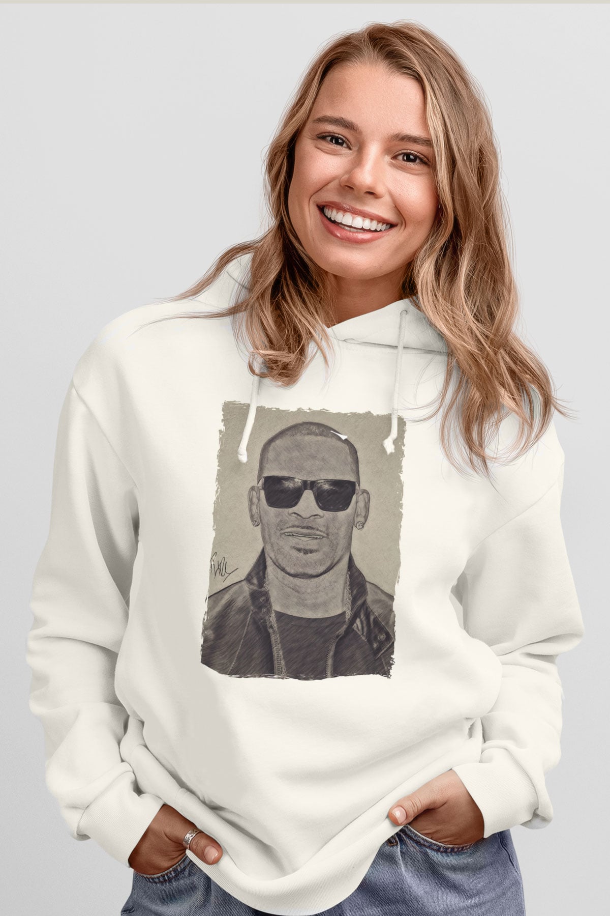 R.Kelly Beyaz Unisex Kapüşonlu Sweatshirt
