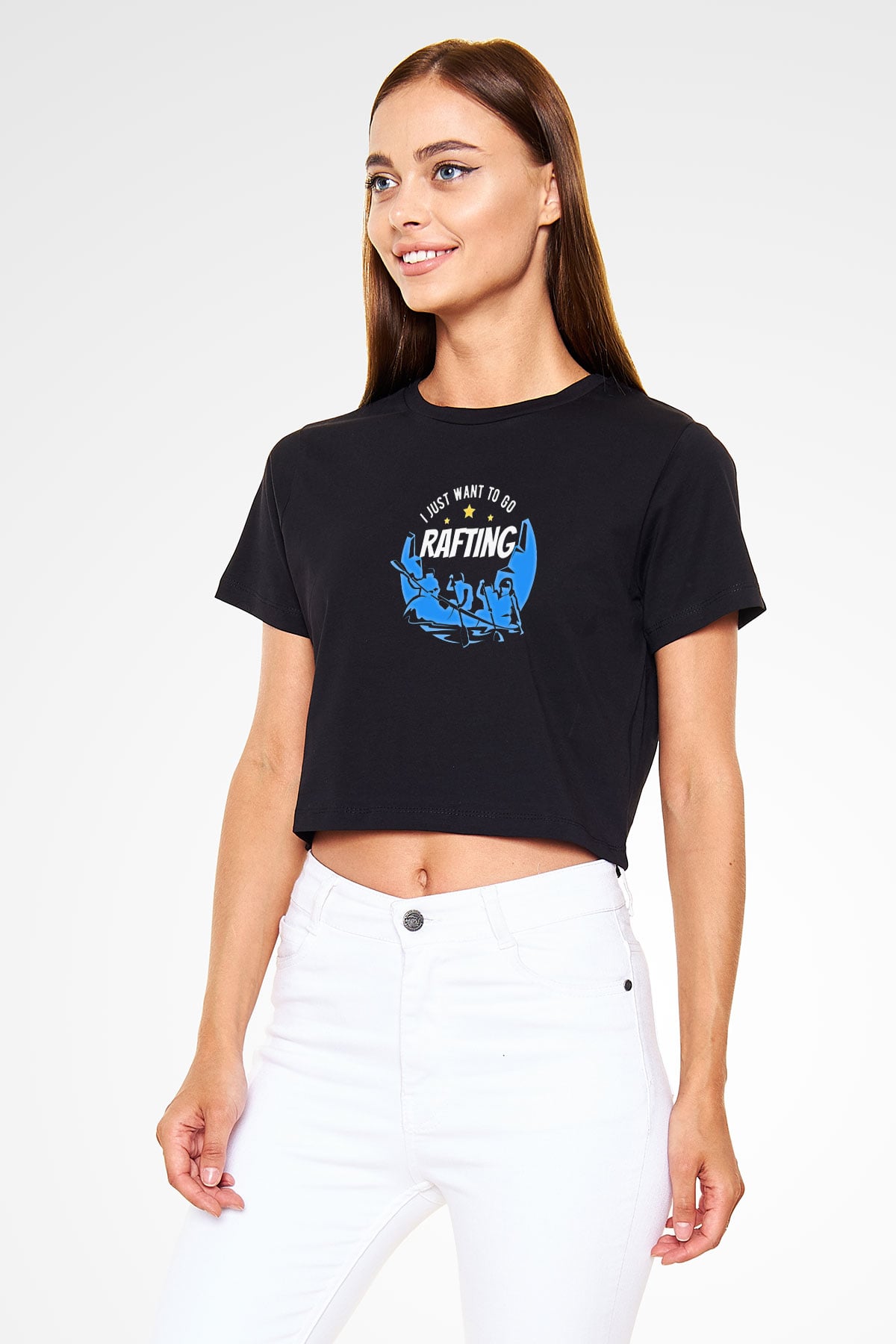 Rafting Baskılı Crop Top Siyah Kadın Tişört - Tshirt
