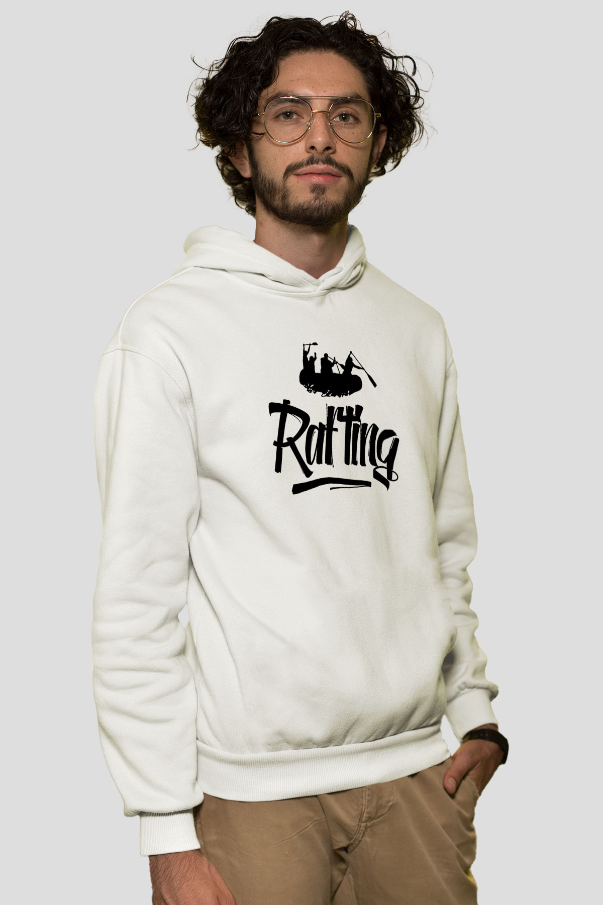 Rafting Baskılı Unisex Ekru Hoodie