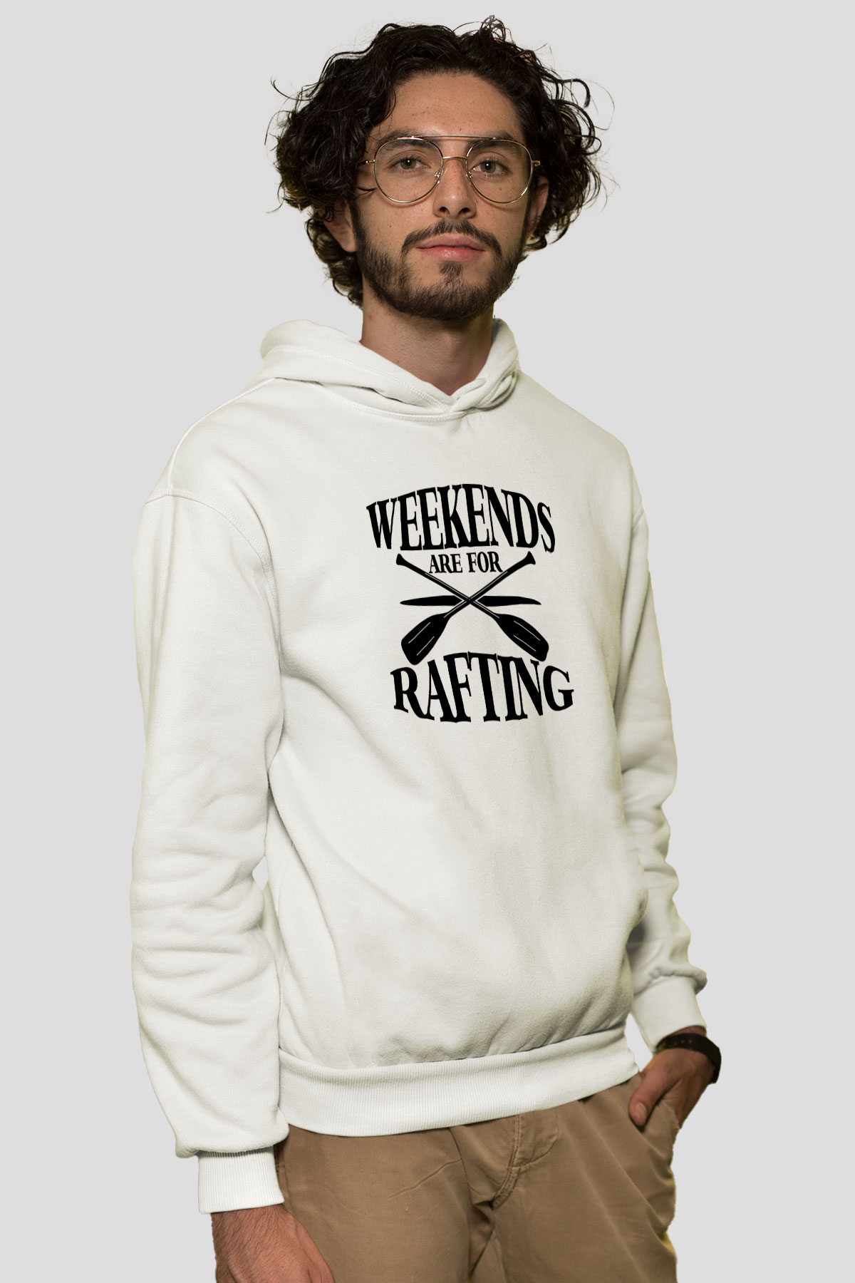 Rafting Baskılı Unisex Ekru Hoodie