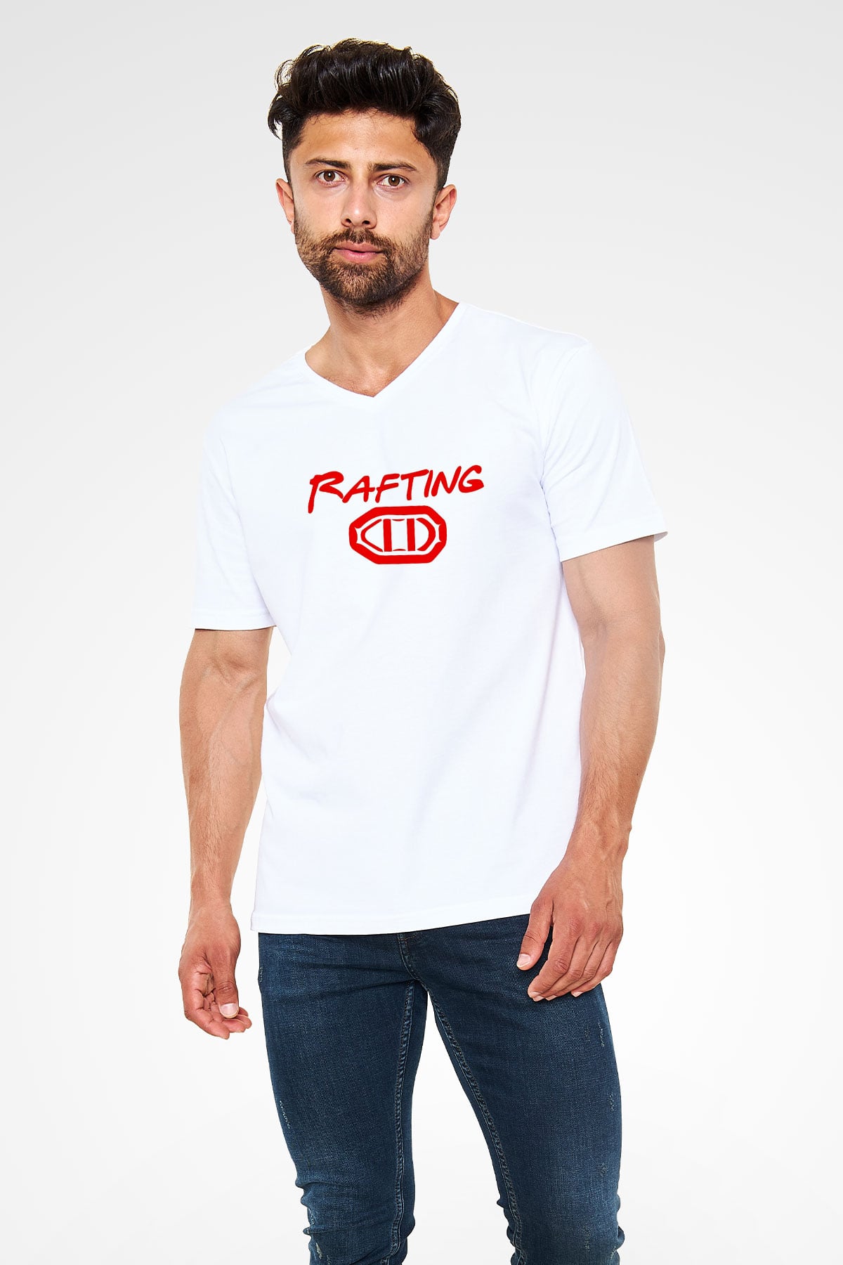 Rafting Baskılı Unisex V Yaka Tişört - Tshirt