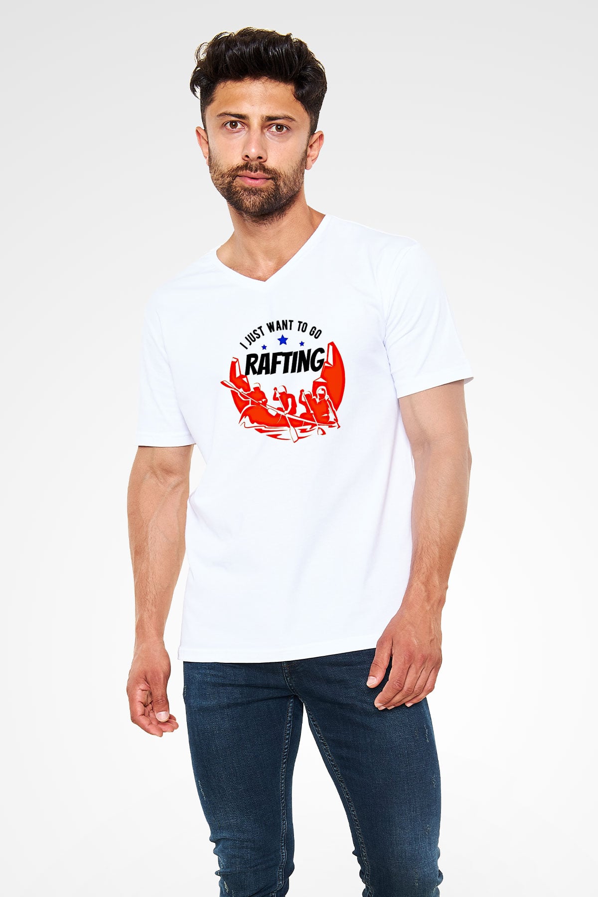 Rafting Baskılı Unisex V Yaka Tişört - Tshirt