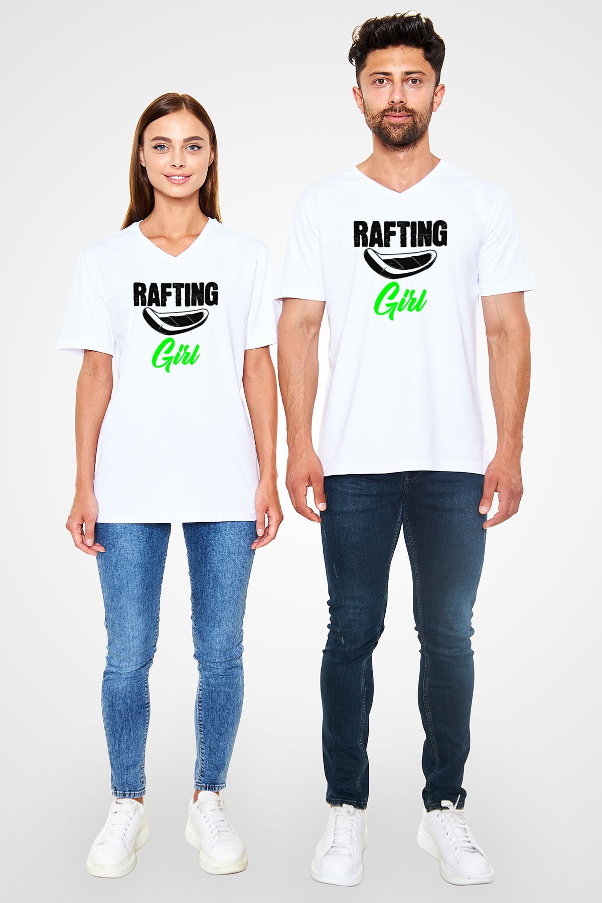 Rafting Baskılı Unisex V Yaka Tişört - Tshirt
