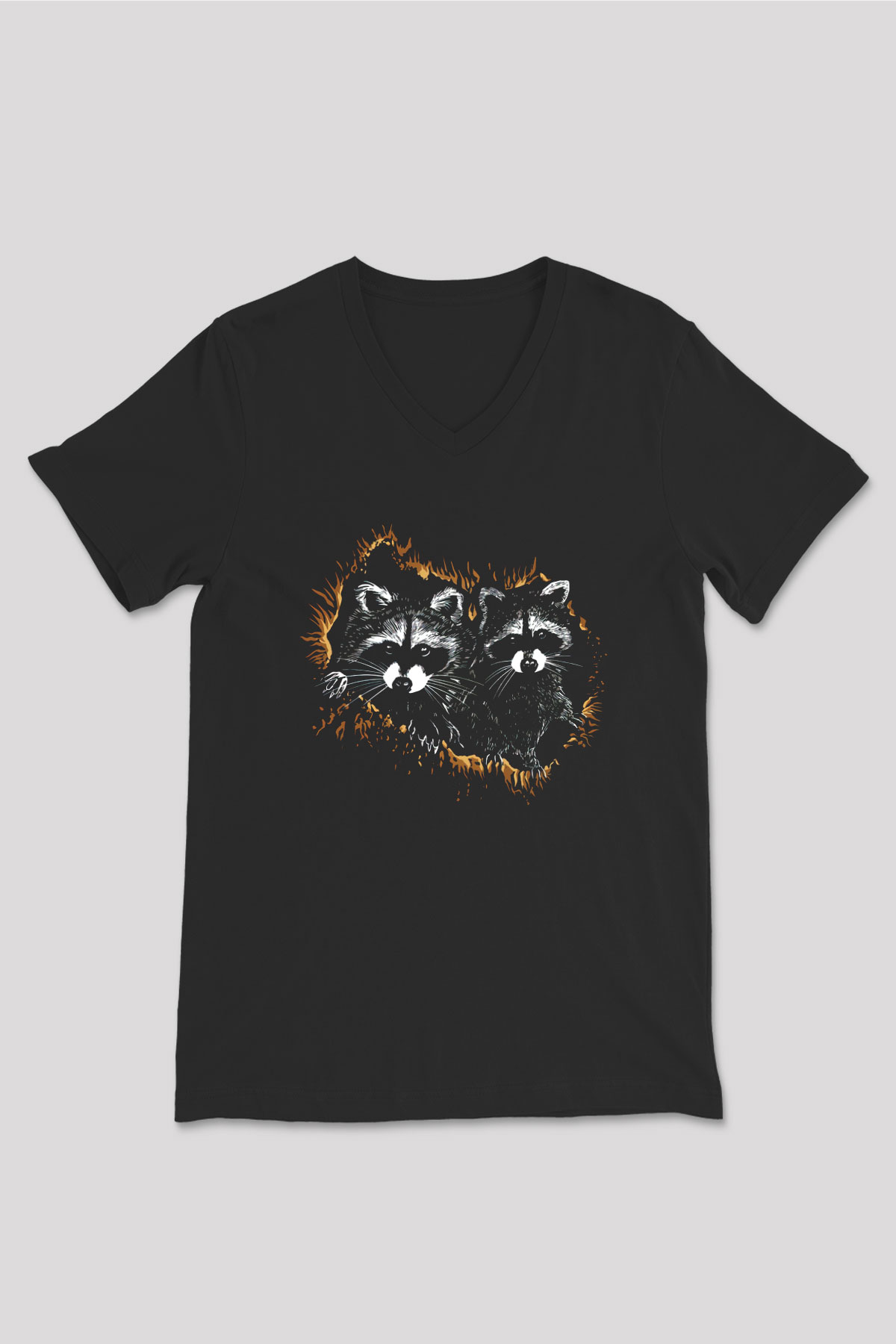 Rakun Siyah Unisex V Yaka Tişört