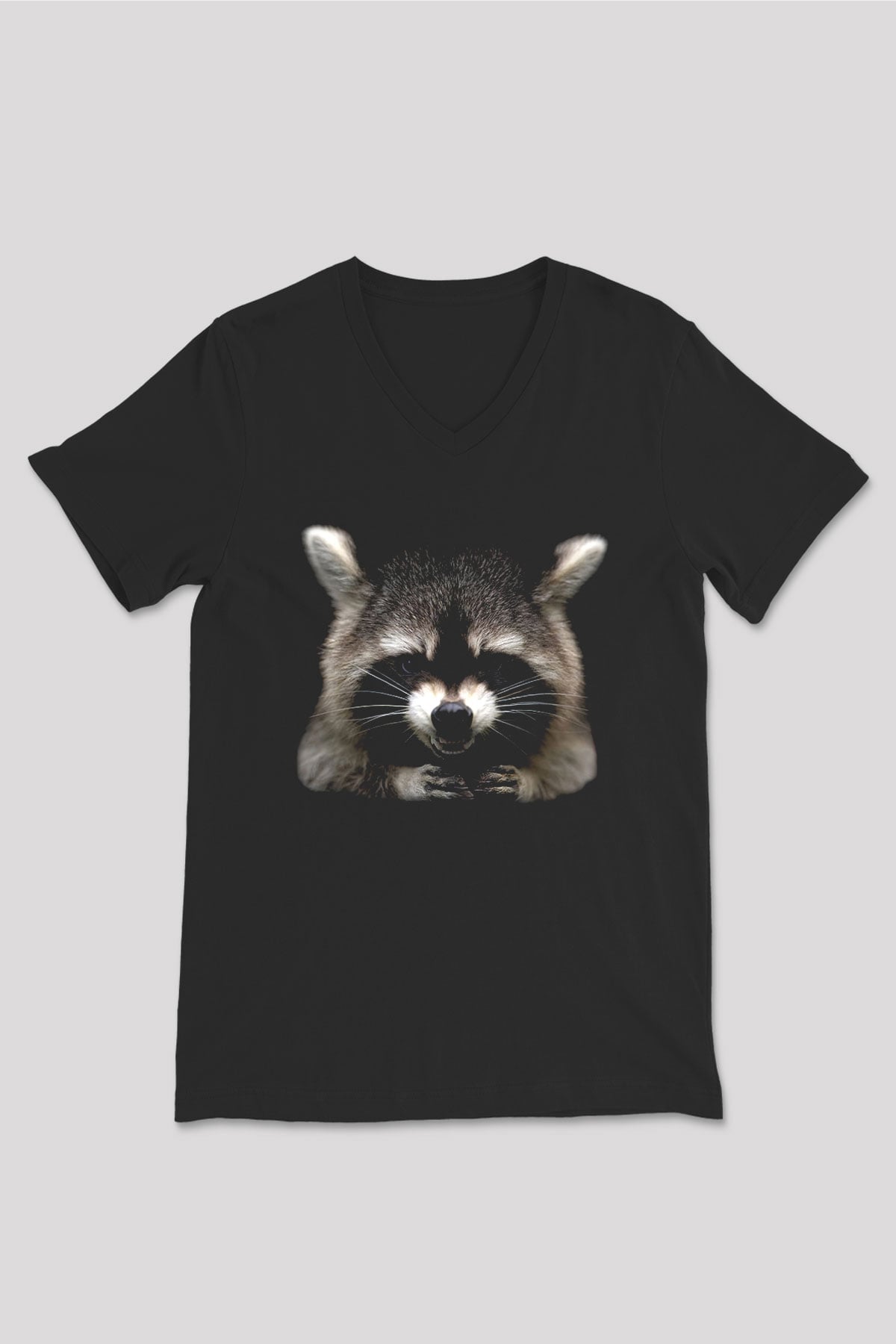 Rakun Siyah Unisex V Yaka Tişört T-Shirt