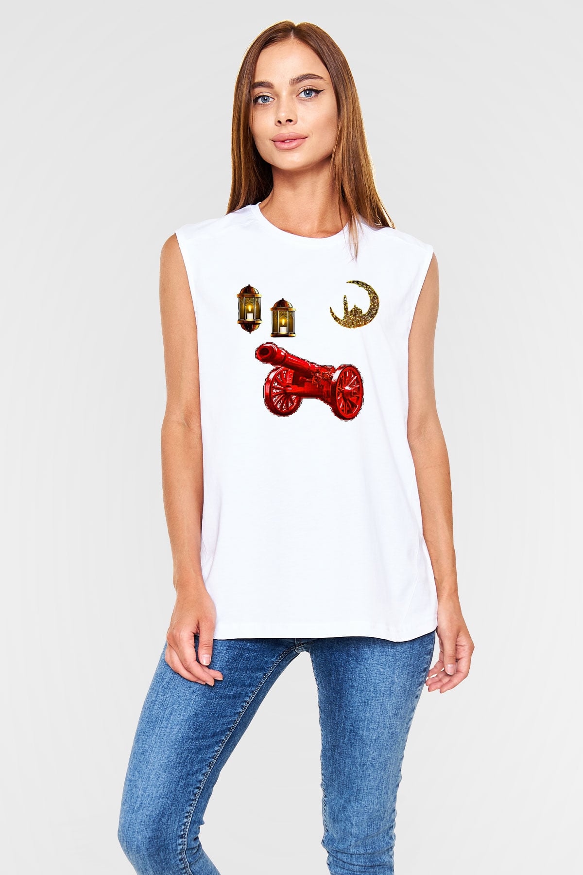 Ramazan Bayramı Baskılı Beyaz Unisex Kolsuz Tişört - Tshirt