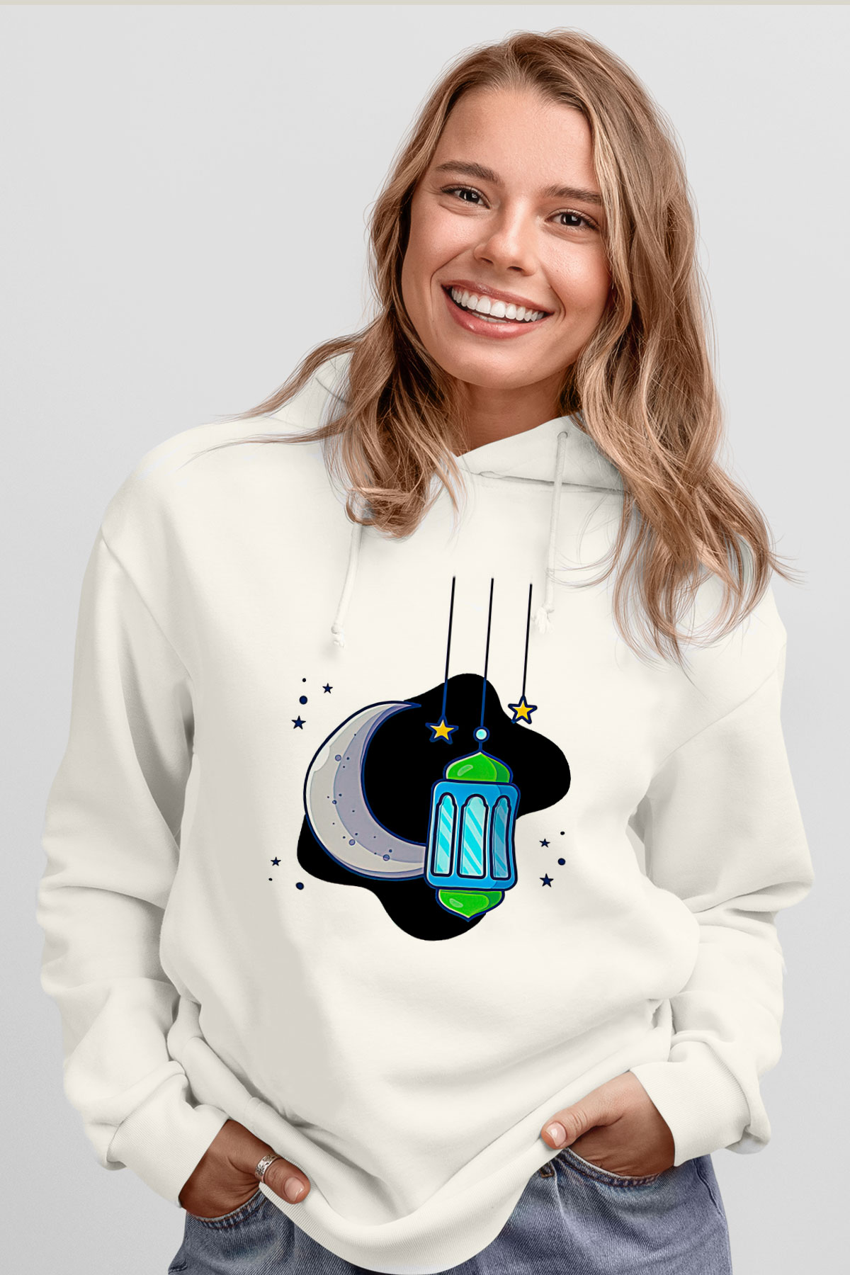 Ramazan Bayramı Baskılı Beyaz Unisex Kapüşonlu Sweatshirt