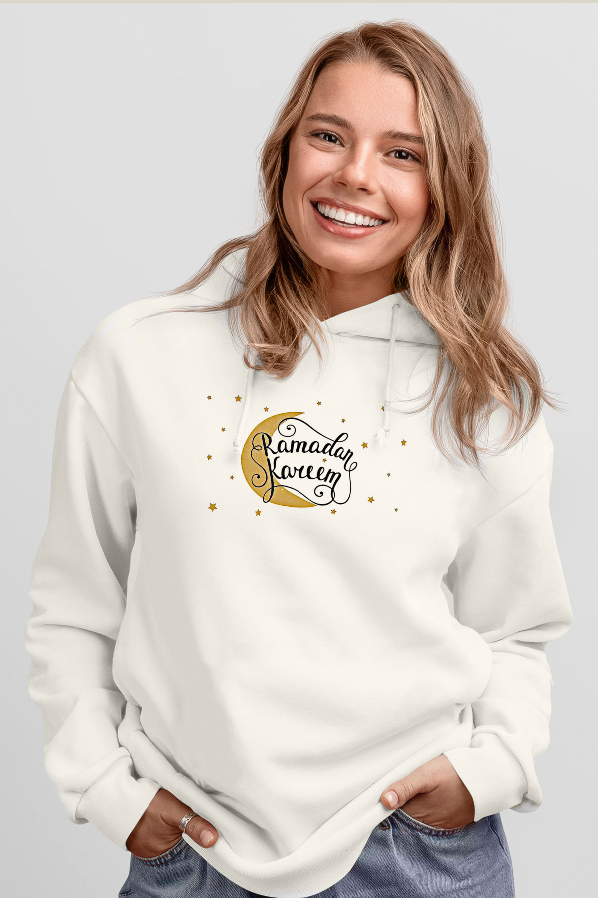 Ramazan Bayramı Baskılı Beyaz Unisex Kapüşonlu Sweatshirt