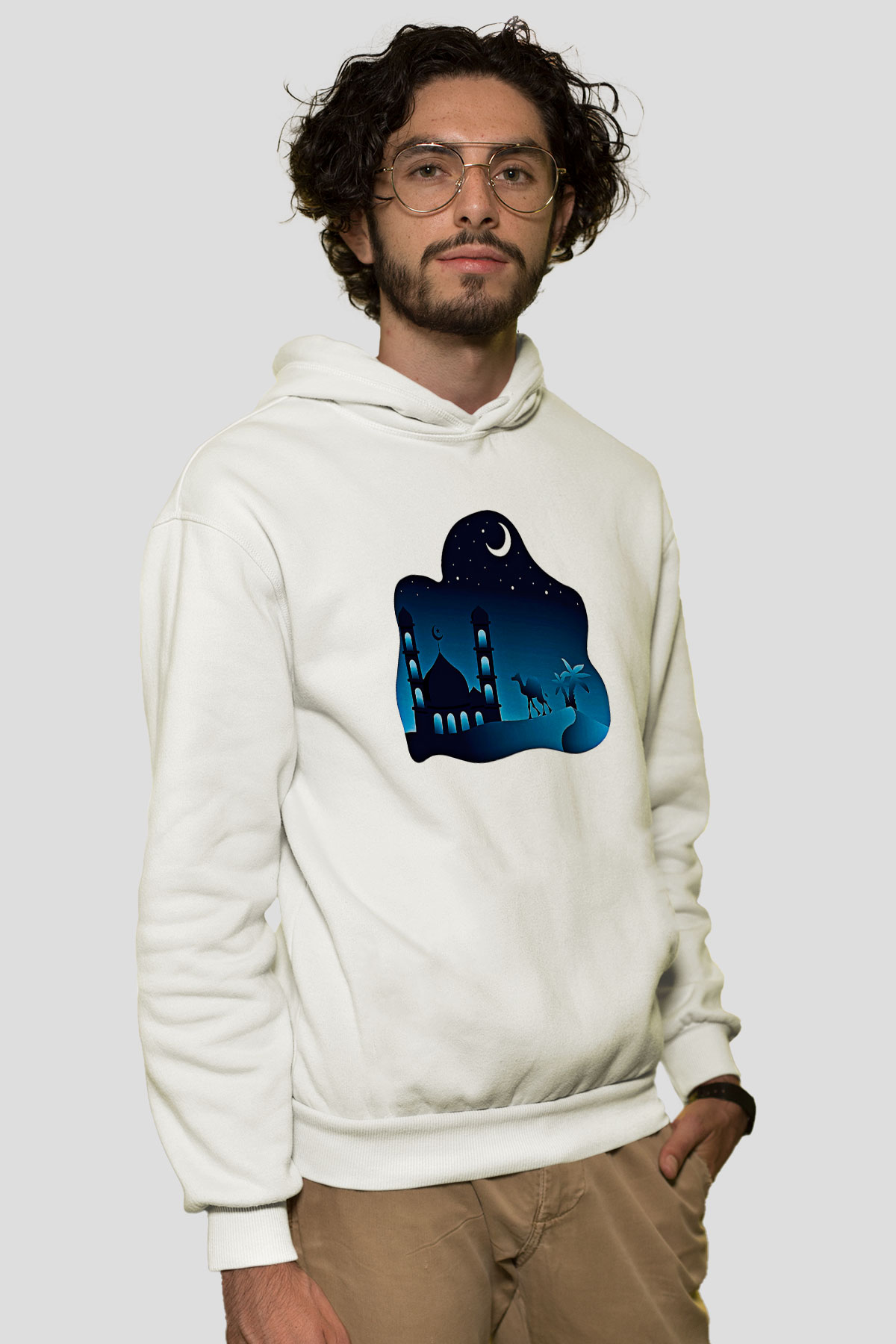 Ramazan Bayramı Baskılı Beyaz Unisex Kapüşonlu Sweatshirt