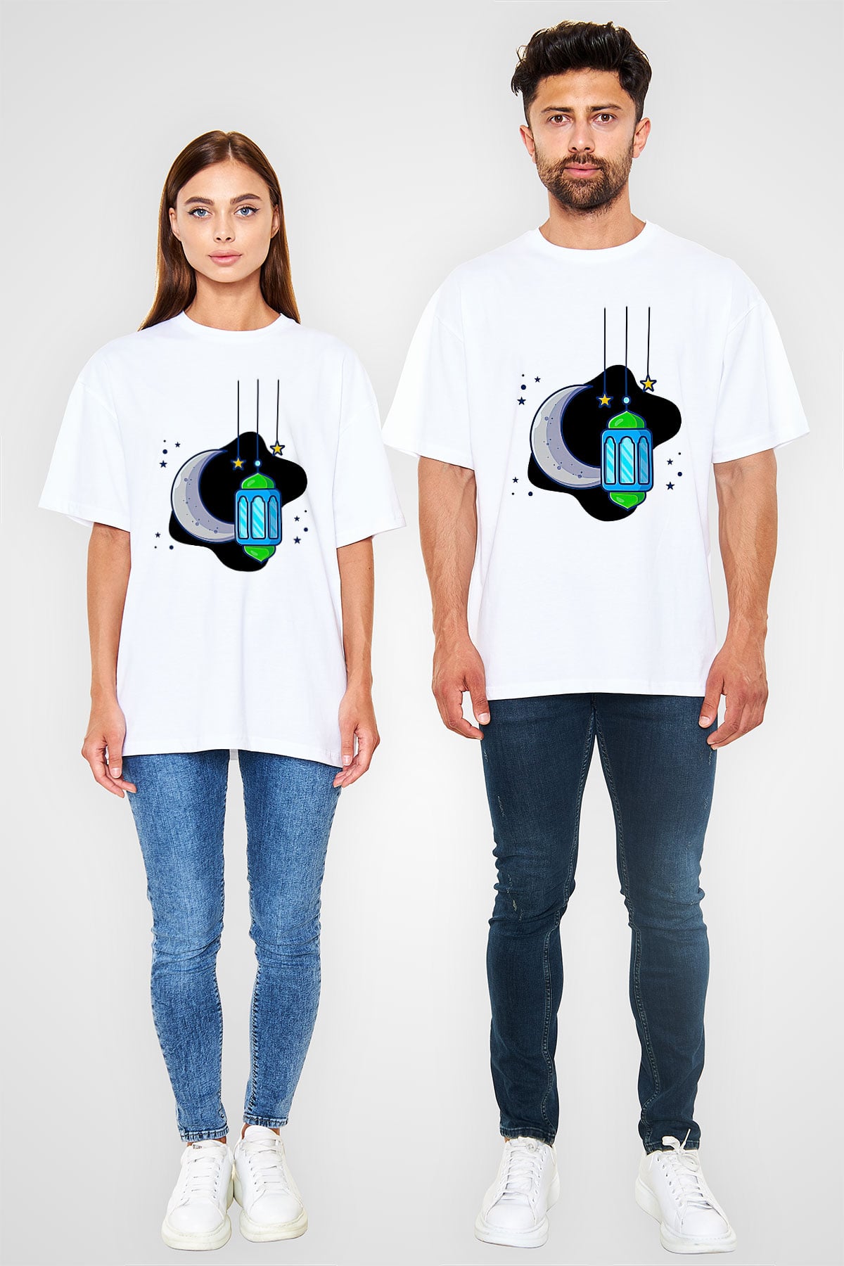 Ramazan Bayramı Baskılı Beyaz Unisex Oversize Tişört - Tshirt