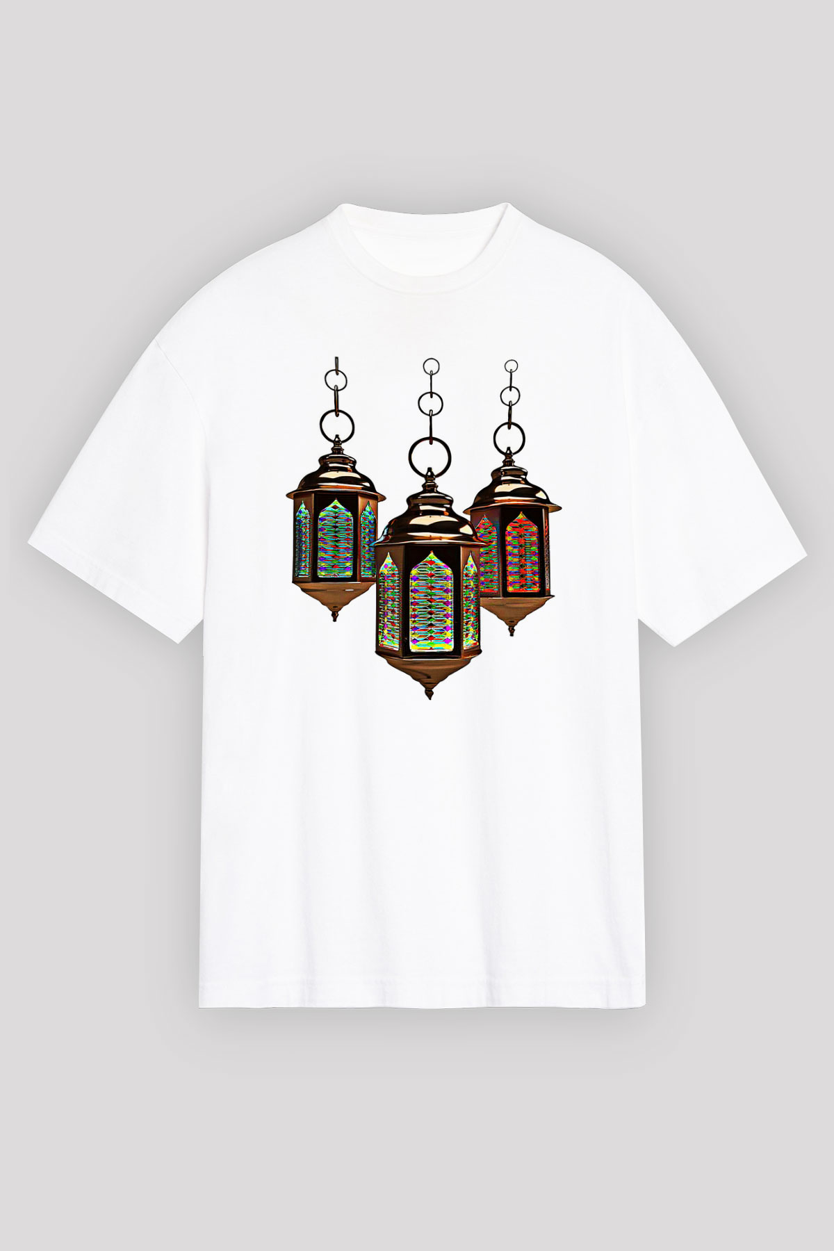 Ramazan Bayramı Baskılı Beyaz Unisex Oversize Tişört - Tshirt