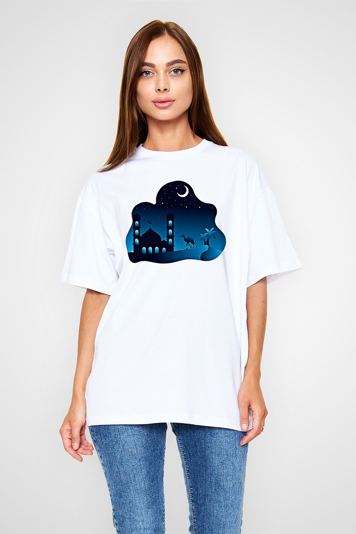 Ramazan Bayramı Baskılı Beyaz Unisex Oversize Tişört - Tshirt