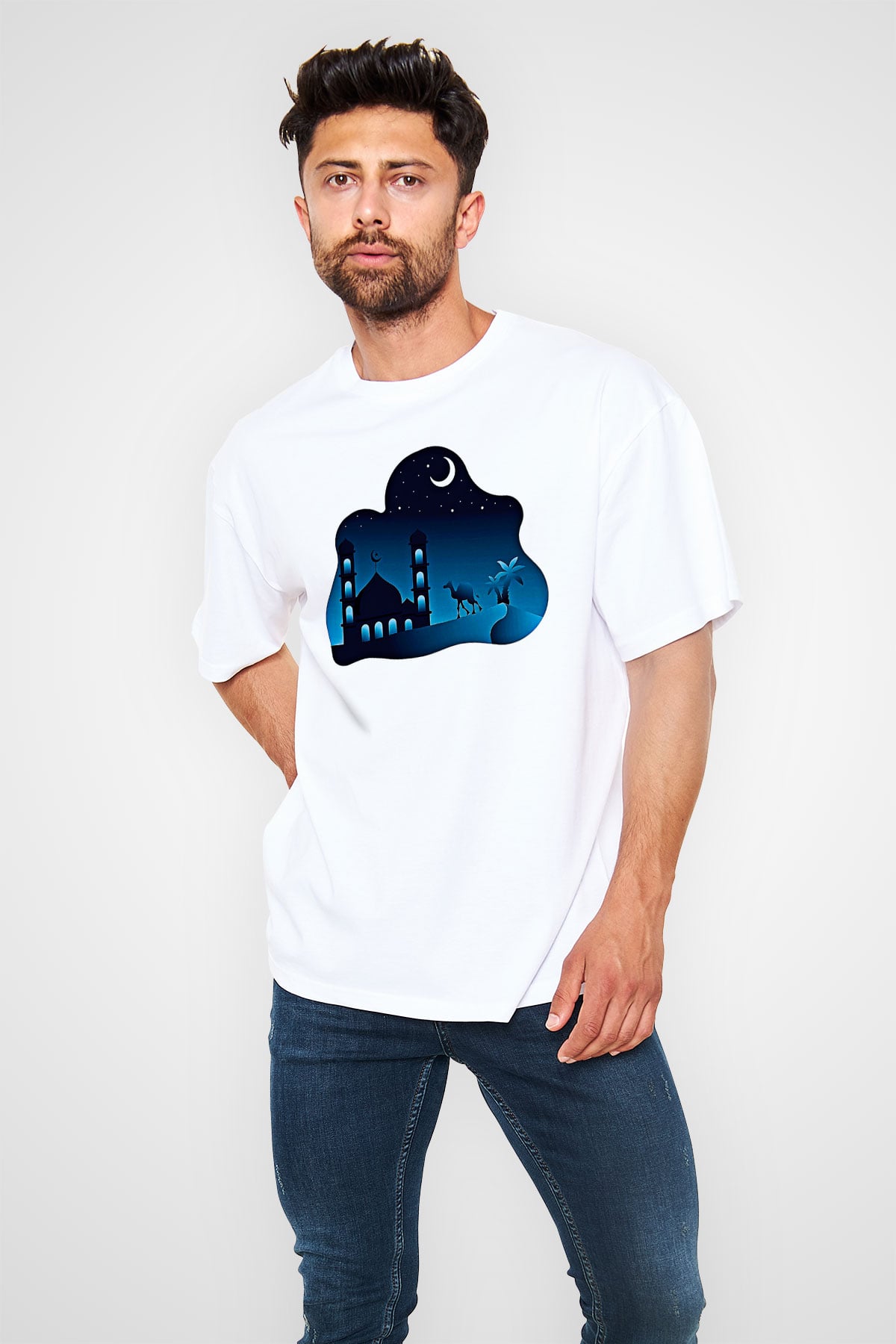 Ramazan Bayramı Baskılı Beyaz Unisex Oversize Tişört - Tshirt