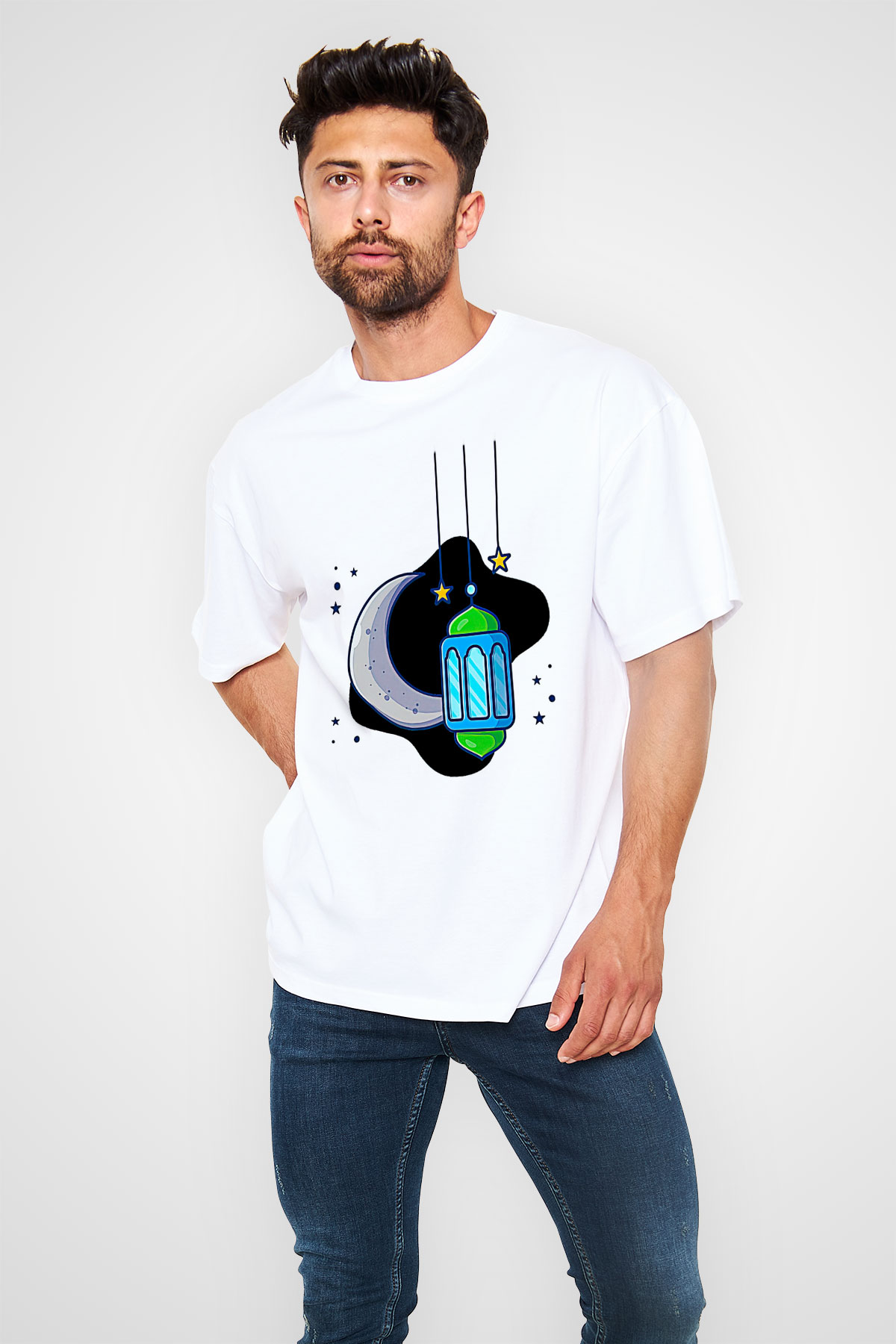 Ramazan Bayramı Baskılı Beyaz Unisex Oversize Tişört - Tshirt