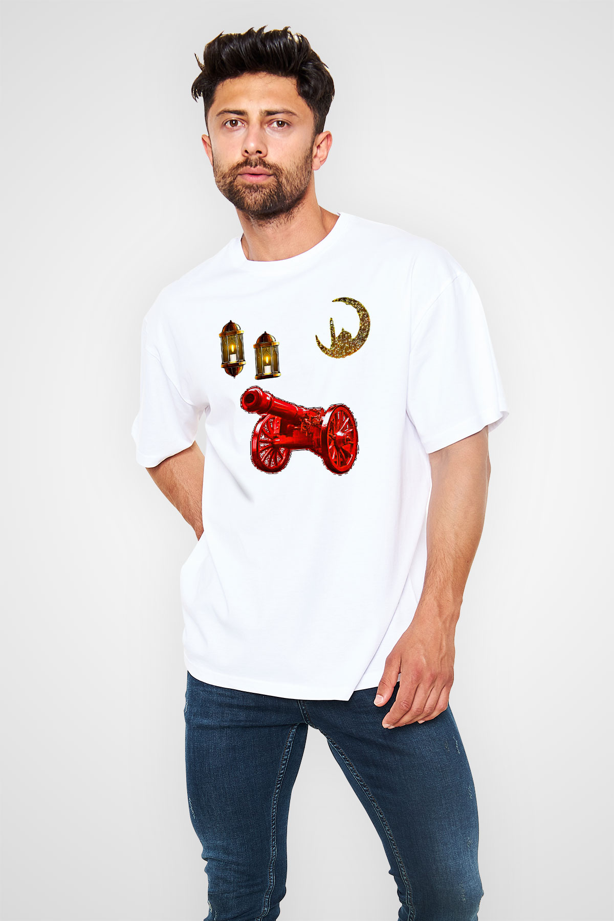 Ramazan Bayramı Baskılı Beyaz Unisex Oversize Tişört - Tshirt
