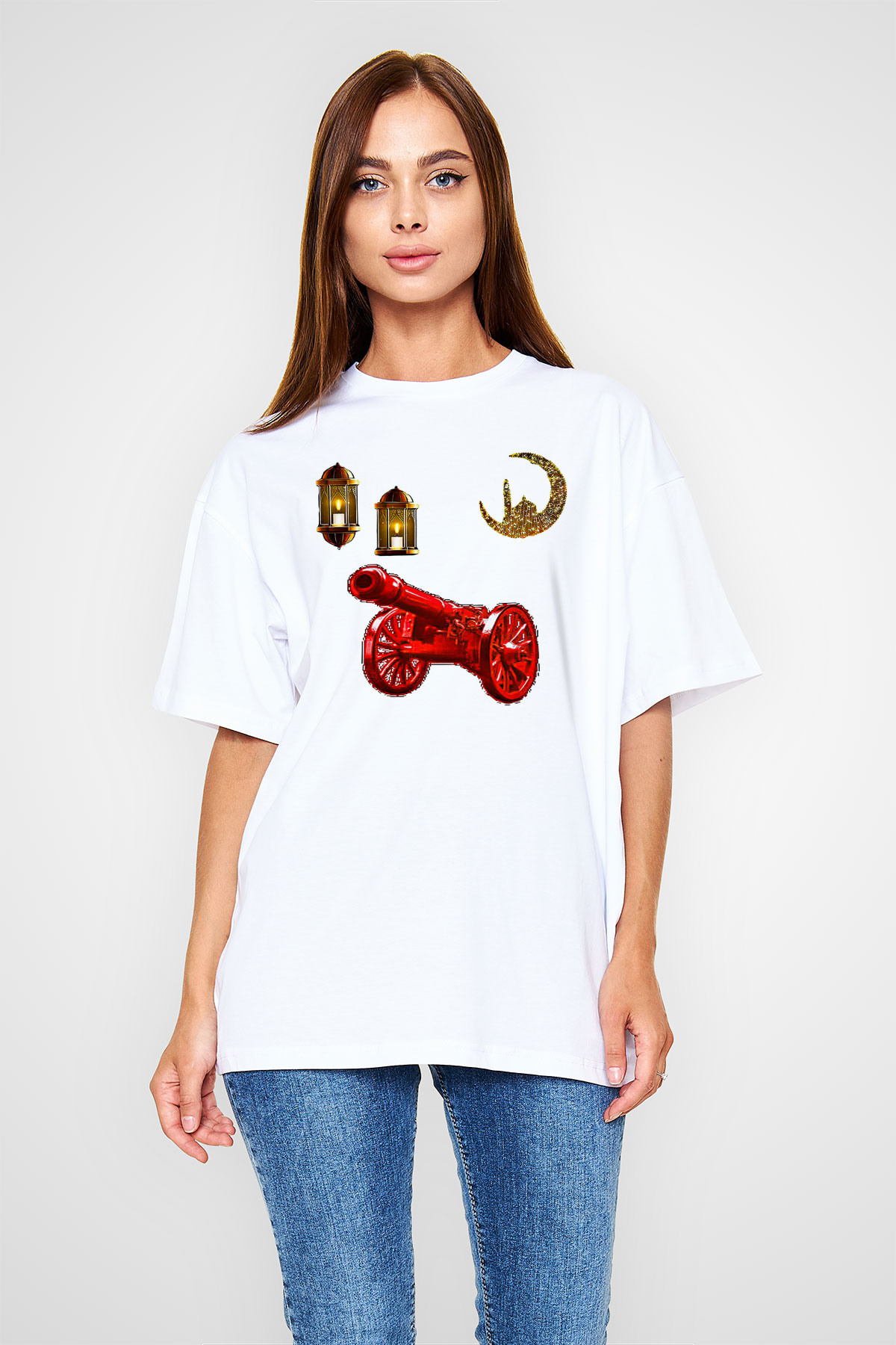 Ramazan Bayramı Baskılı Beyaz Unisex Oversize Tişört - Tshirt