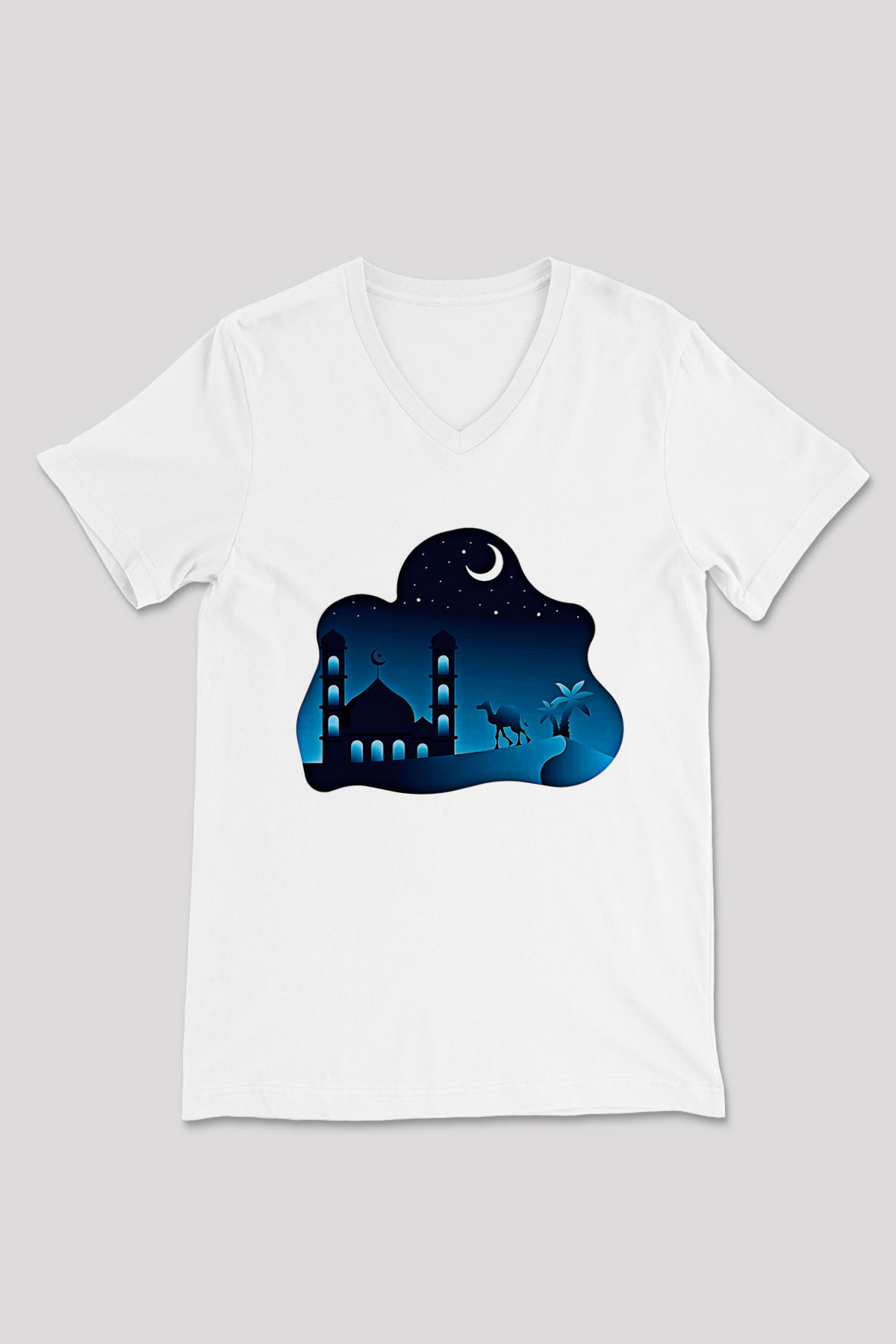 Ramazan Bayramı Baskılı Beyaz Unisex V Yaka Tişört - Tshirt