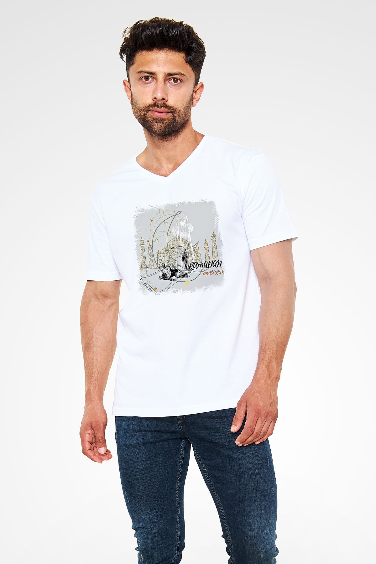 Ramazan Bayramı Baskılı Beyaz Unisex V Yaka Tişört - Tshirt