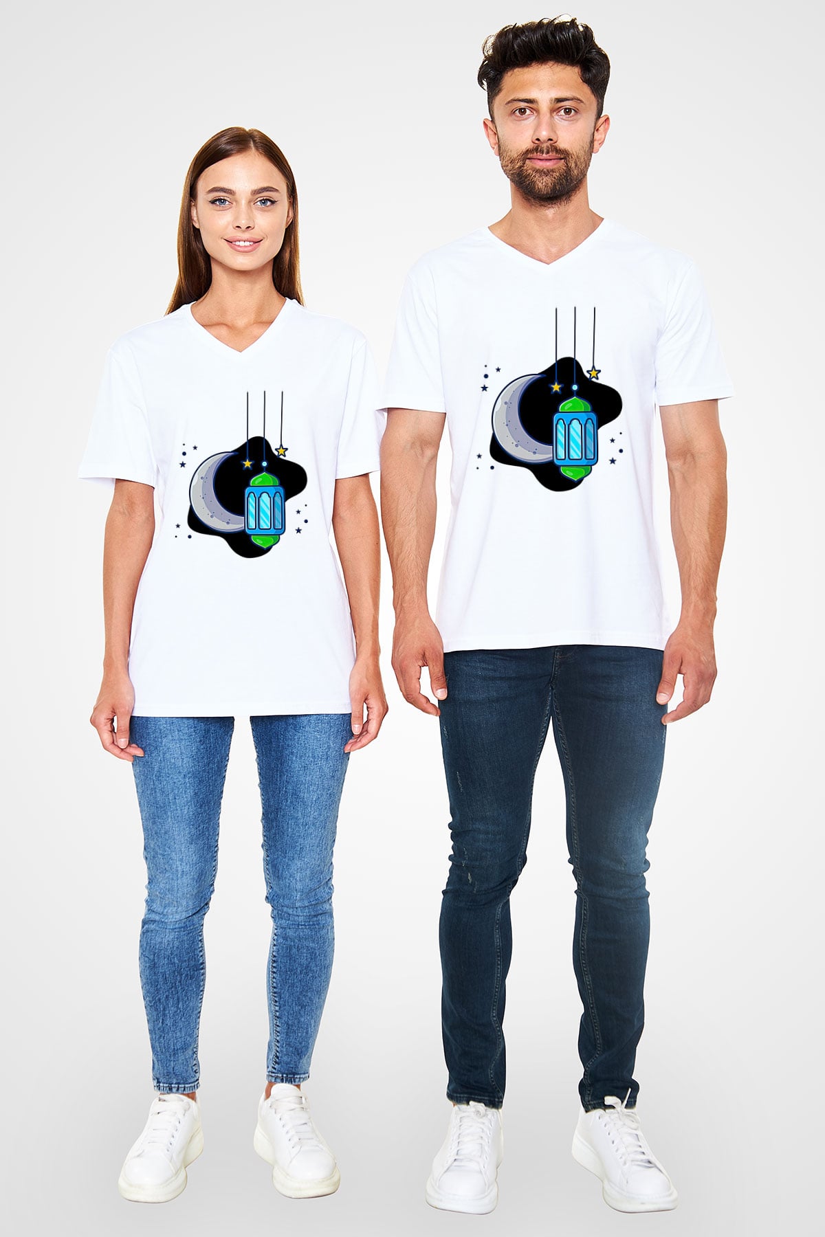 Ramazan Bayramı Baskılı Beyaz Unisex V Yaka Tişört - Tshirt