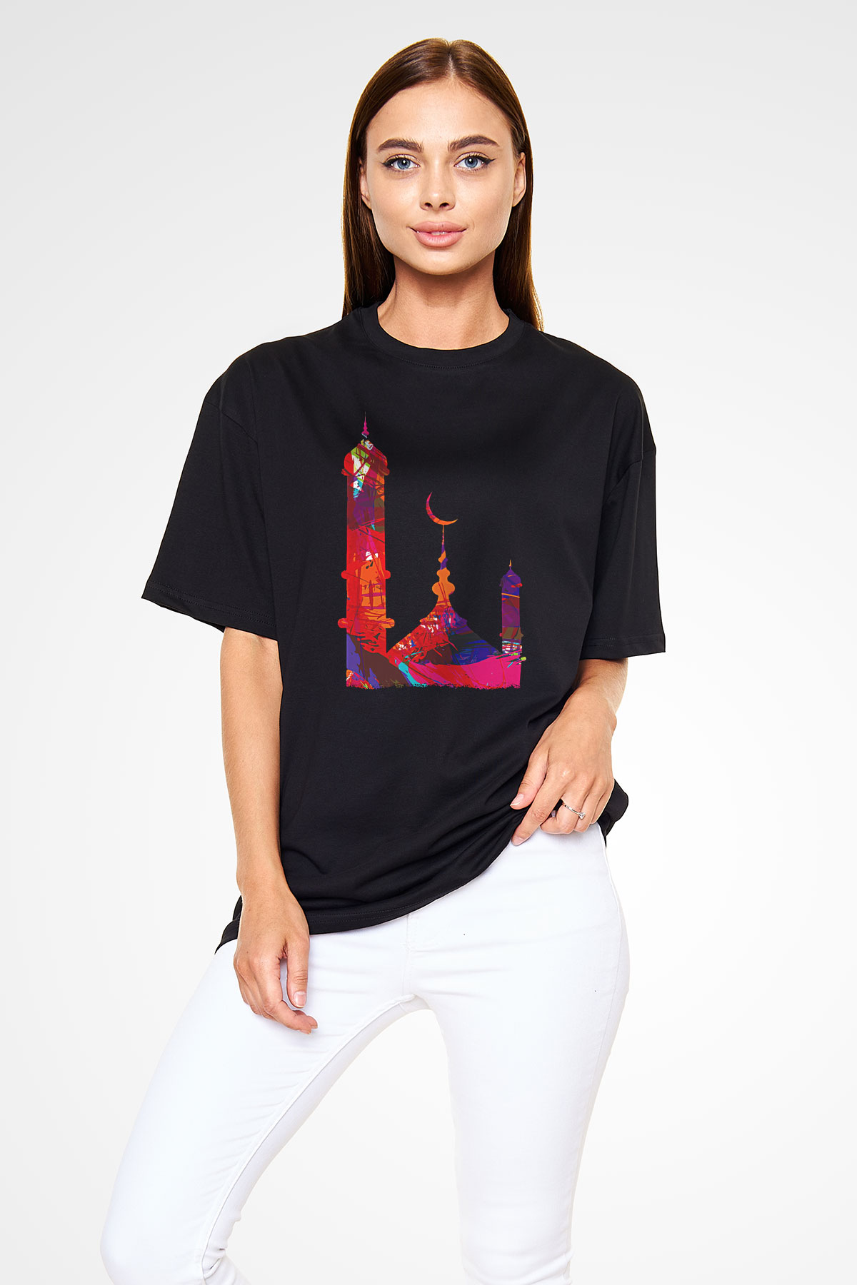Ramazan Bayramı Baskılı Unisex Siyah Oversize Tişört - Tshirt