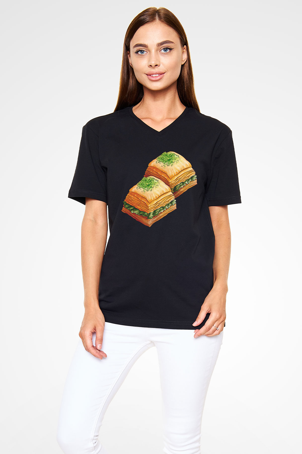 Ramazan Bayramı Baskılı Unisex Siyah V Yaka Tişört - Tshirt