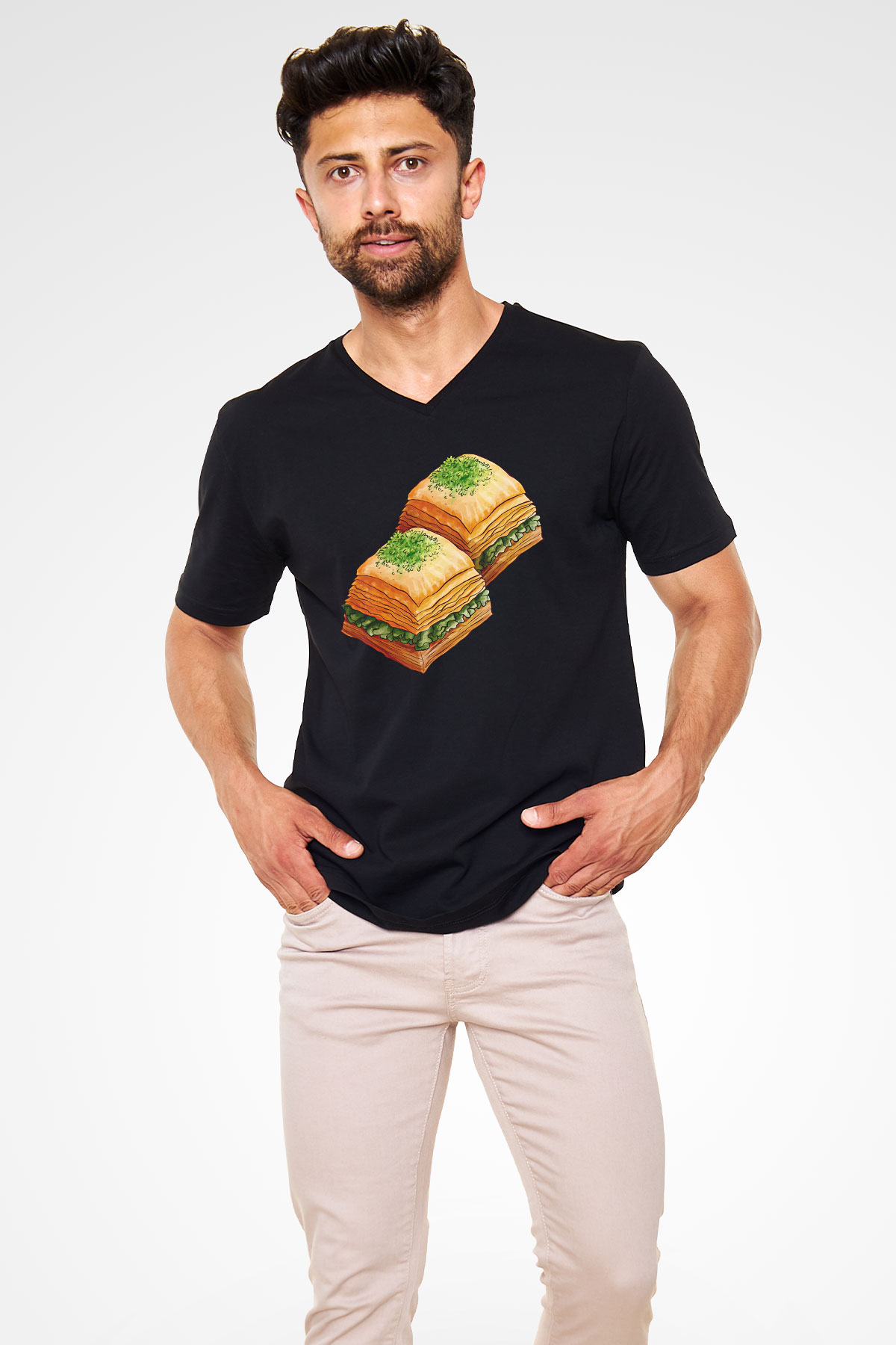 Ramazan Bayramı Baskılı Unisex Siyah V Yaka Tişört - Tshirt