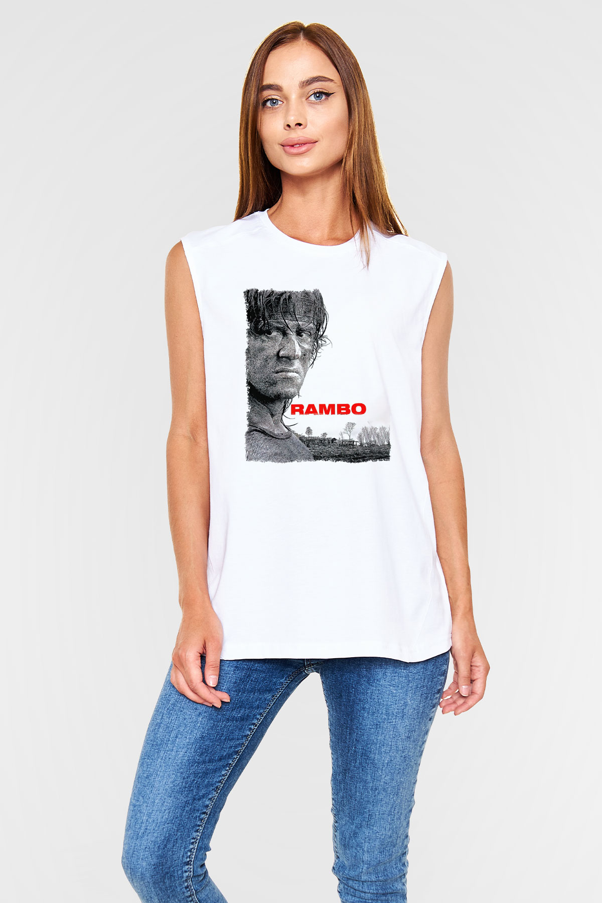 Rambo Beyaz Unisex Kolsuz Tişört