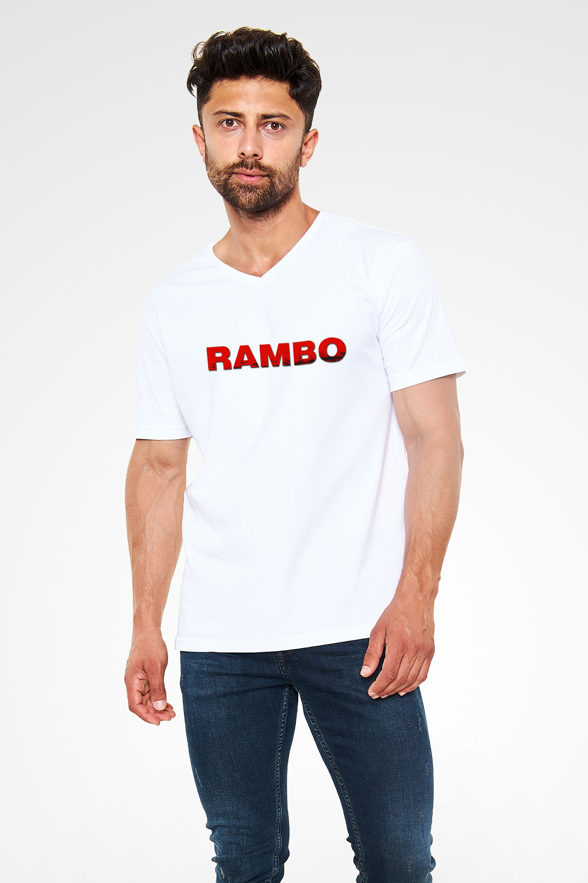 Rambo Beyaz Unisex V Yaka Tişört T-Shirt