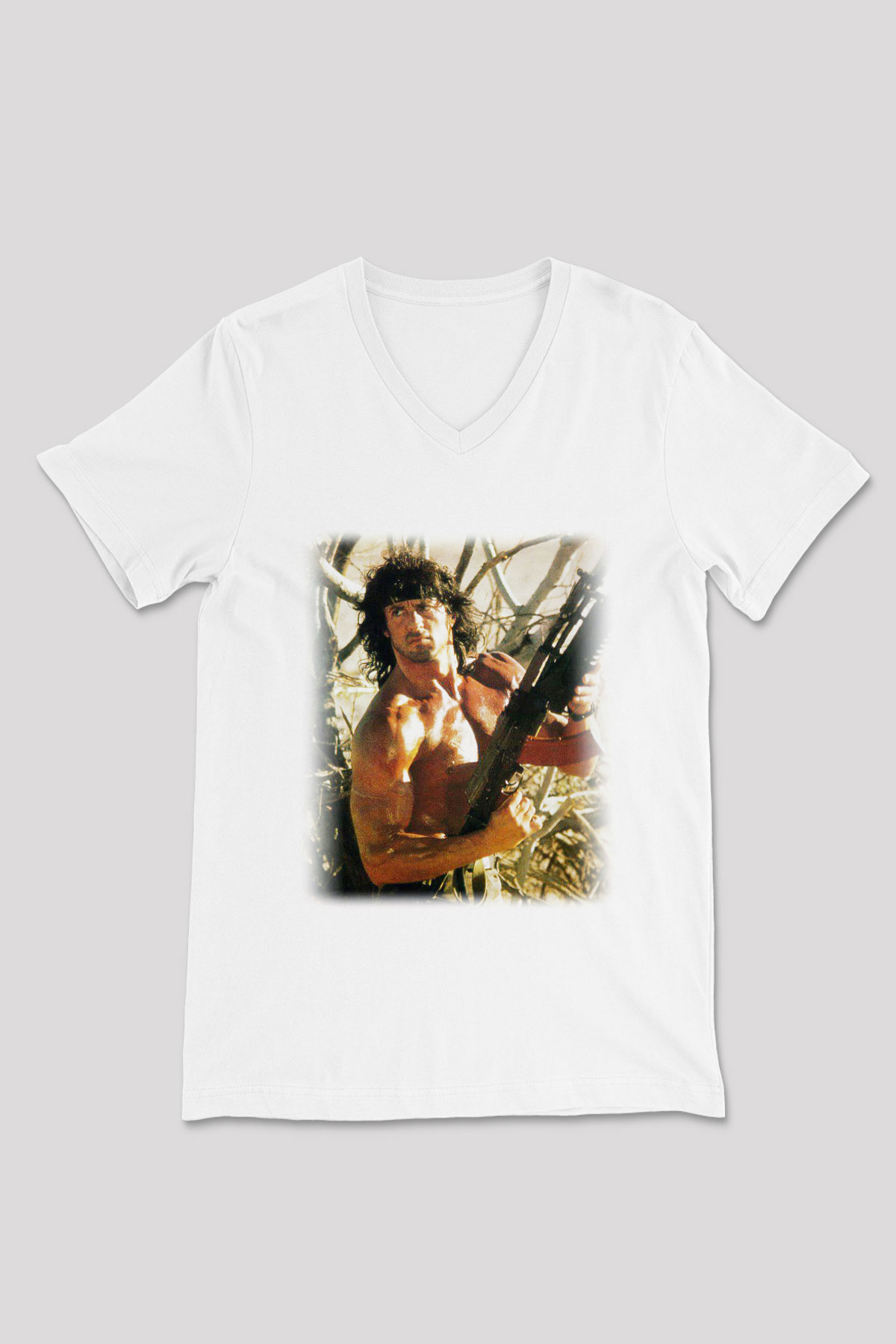 Rambo Beyaz Unisex V Yaka Tişört T-Shirt
