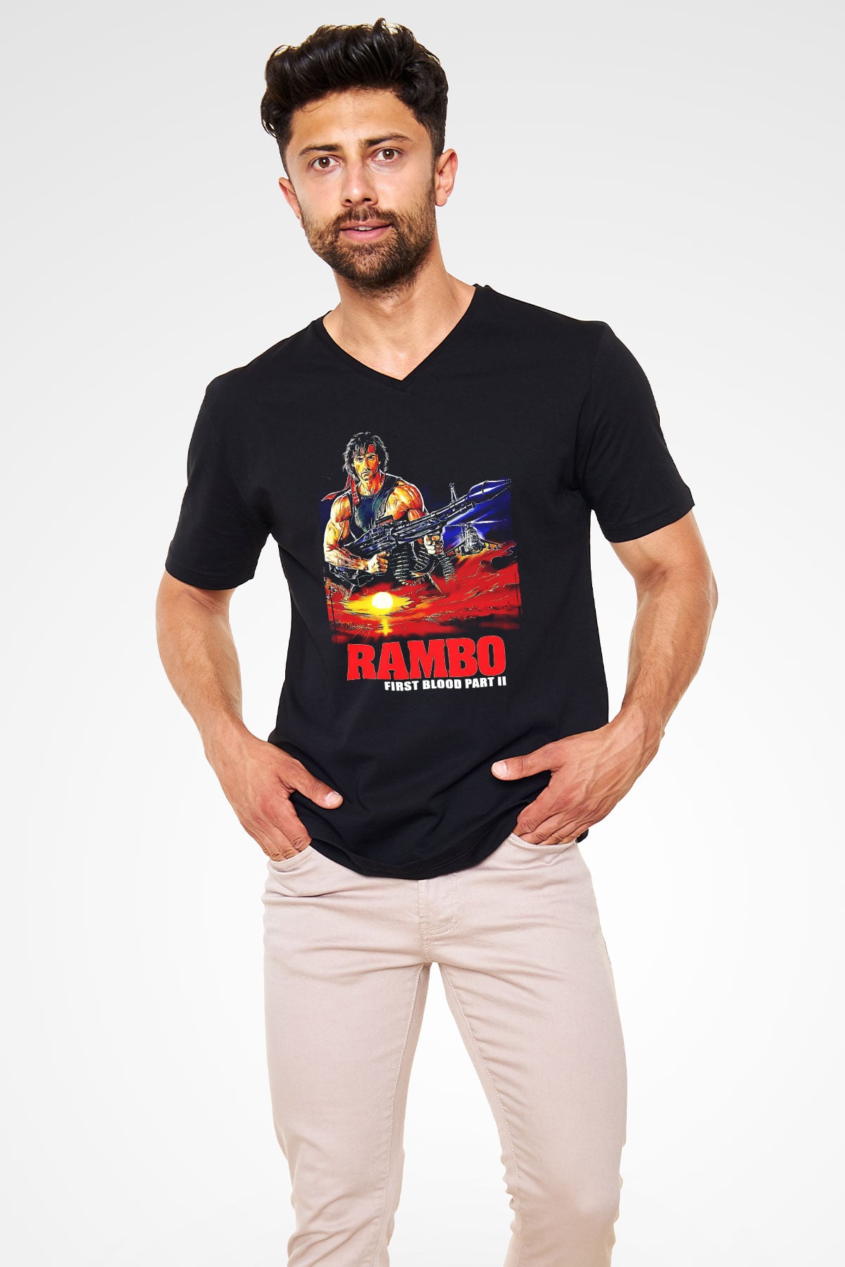 Rambo Siyah Unisex  V Yaka Tişört
