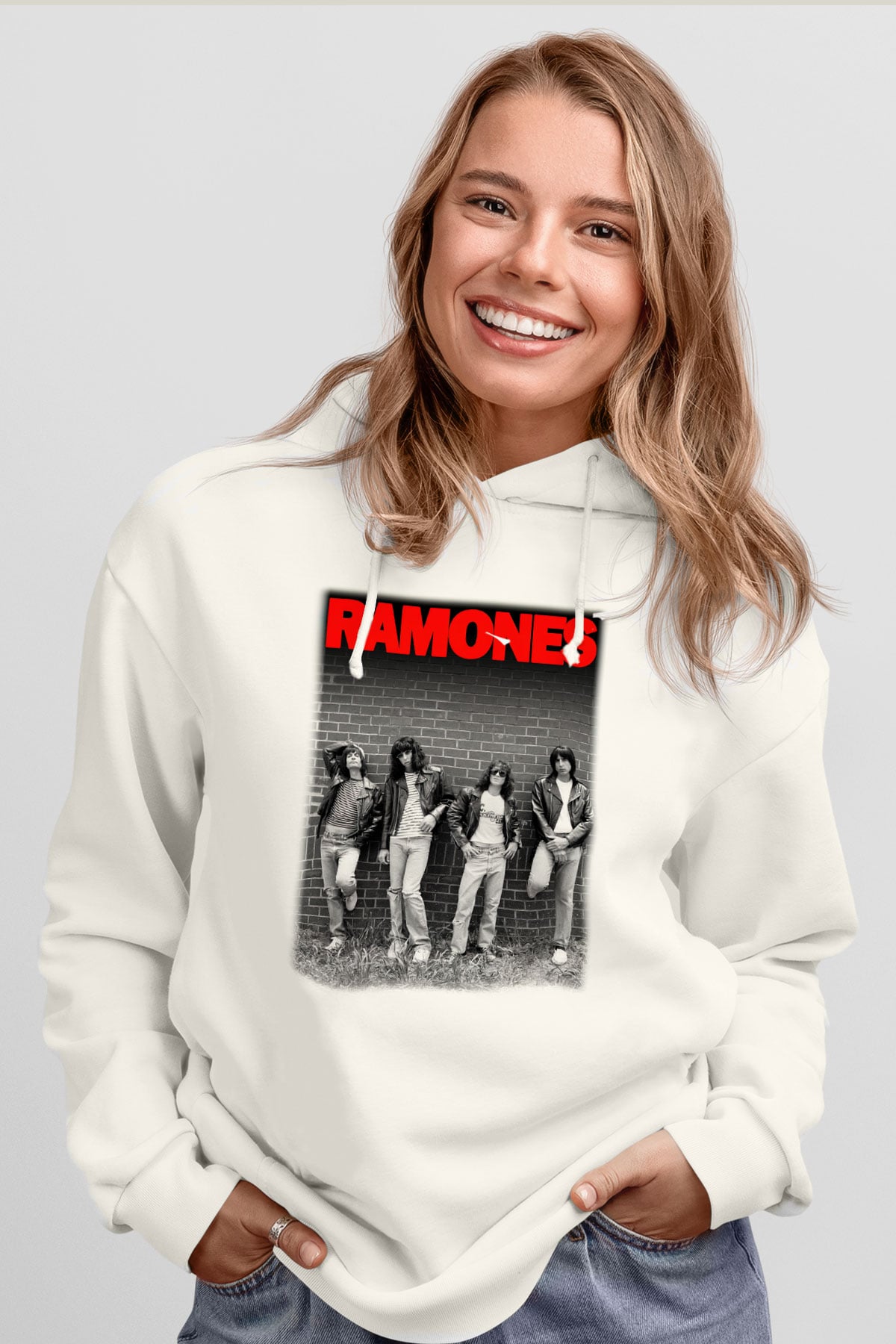 Ramones Beyaz Unisex Kapşonlu Sweatshirt