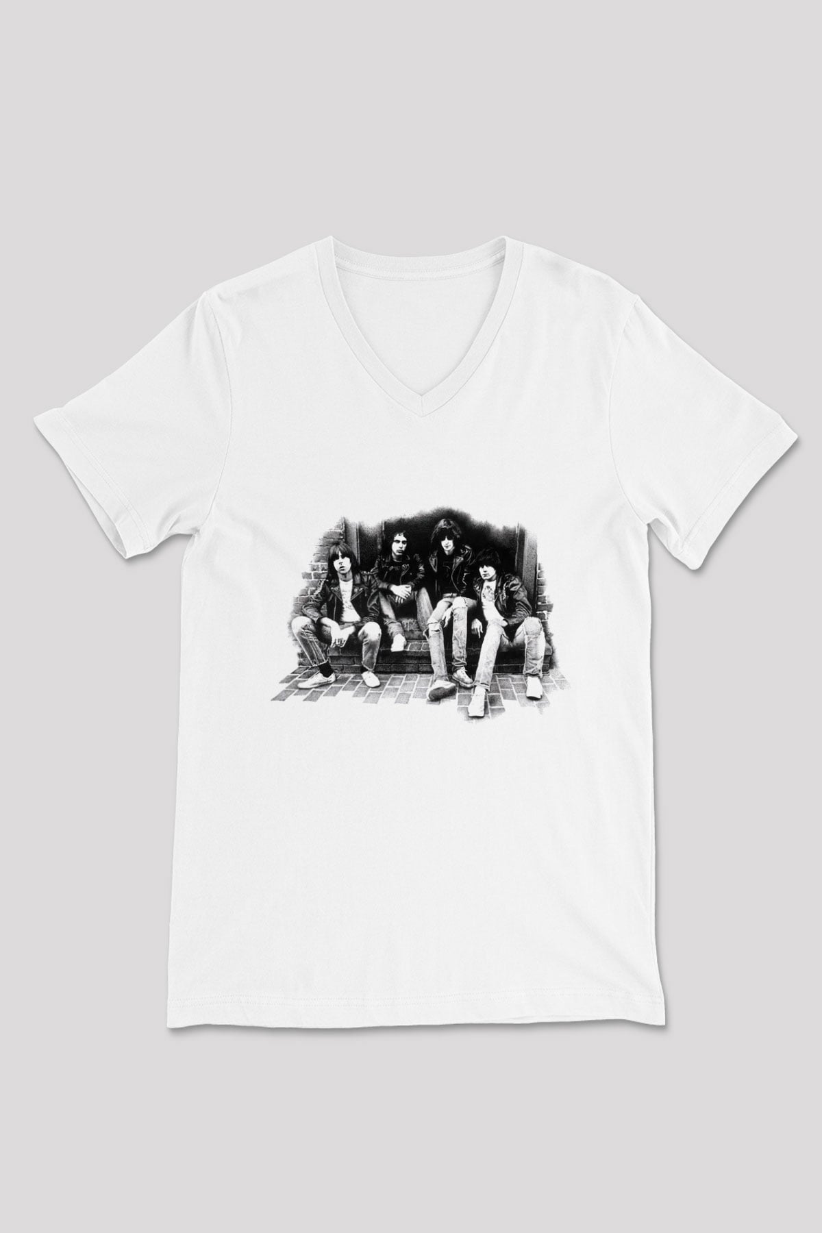 Ramones Beyaz Unisex V Yaka Tişört T-Shirt