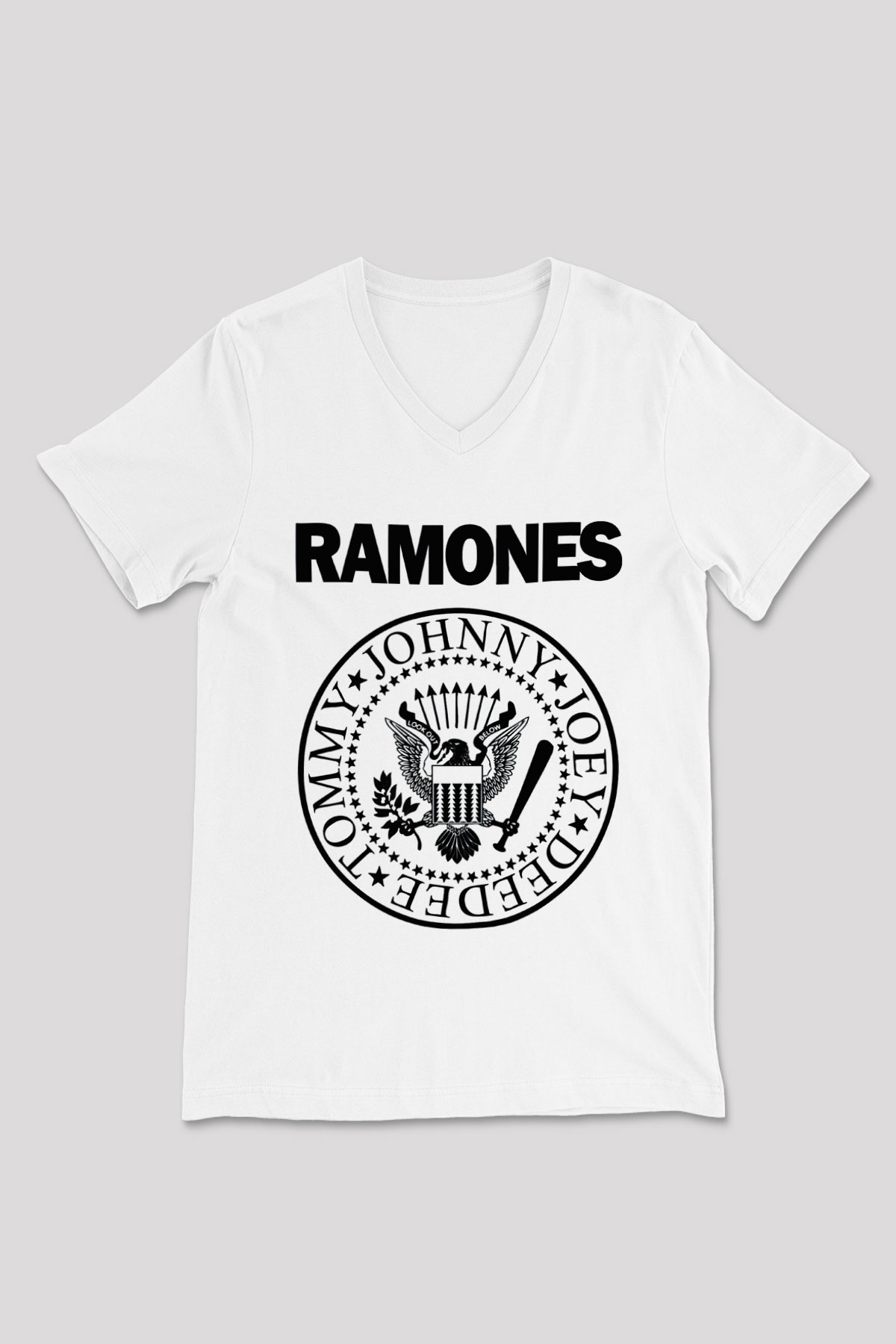 Ramones Beyaz Unisex V Yaka Tişört T-Shirt