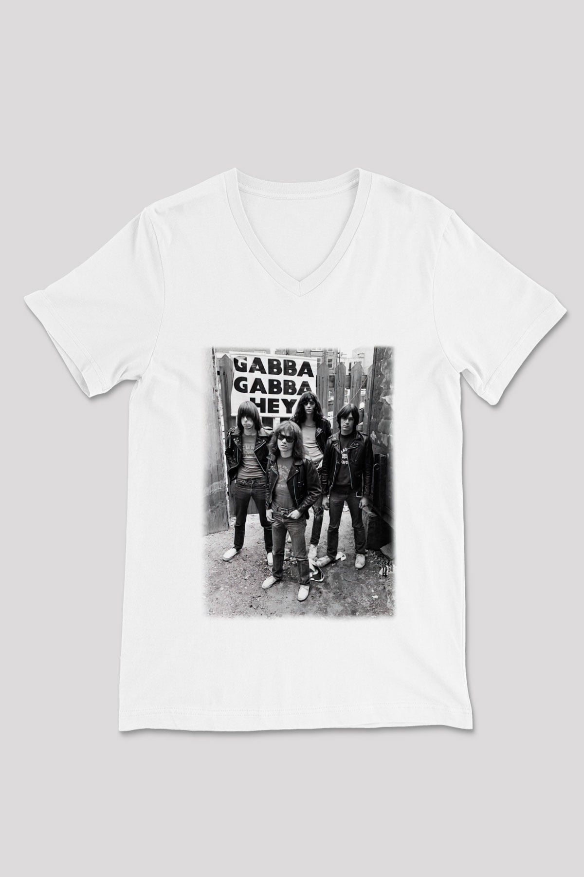 Ramones Beyaz Unisex V Yaka Tişört T-Shirt