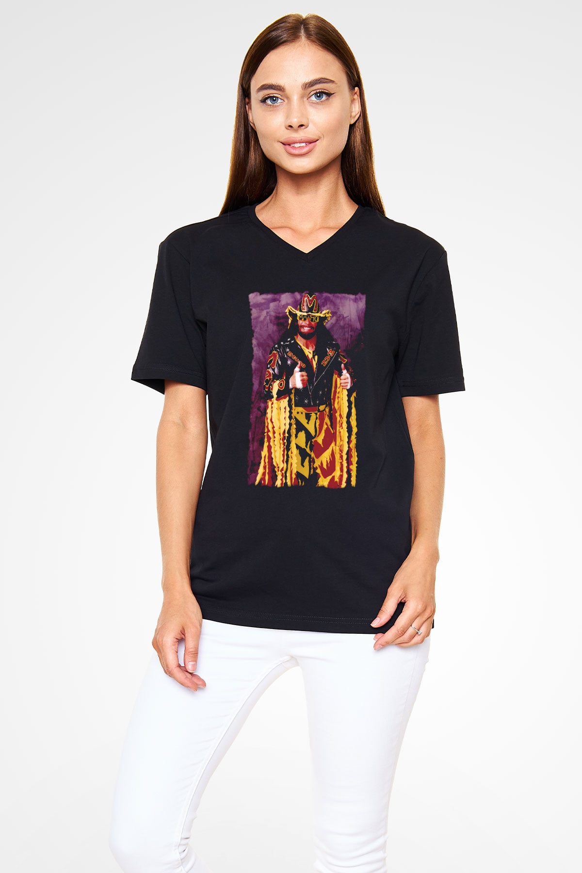 Randy Savage Siyah Unisex  V Yaka Tişört