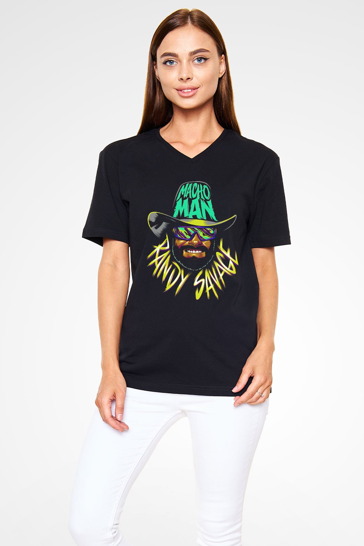 Randy Savage Siyah Unisex  V Yaka Tişört