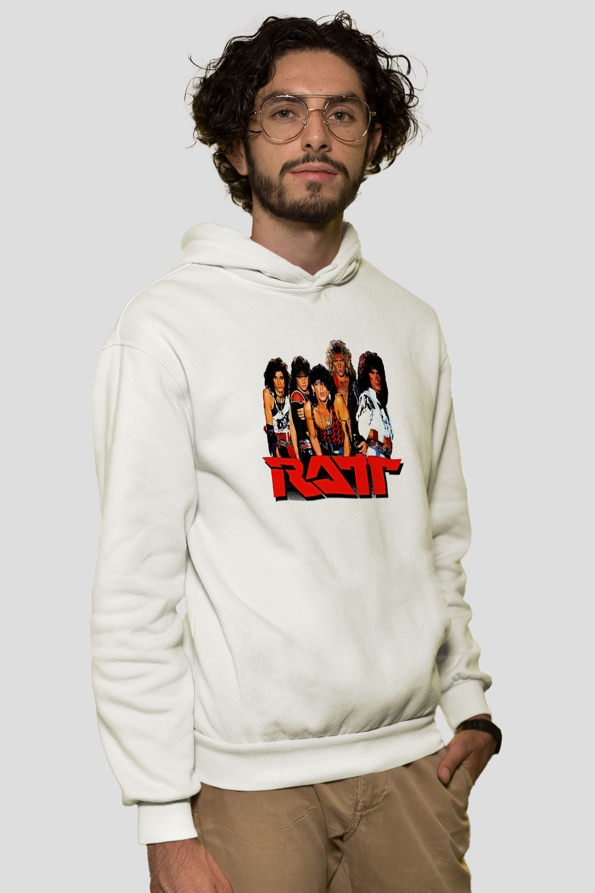 Ratt Baskılı Beyaz Unisex Kapüşonlu Sweatshirt