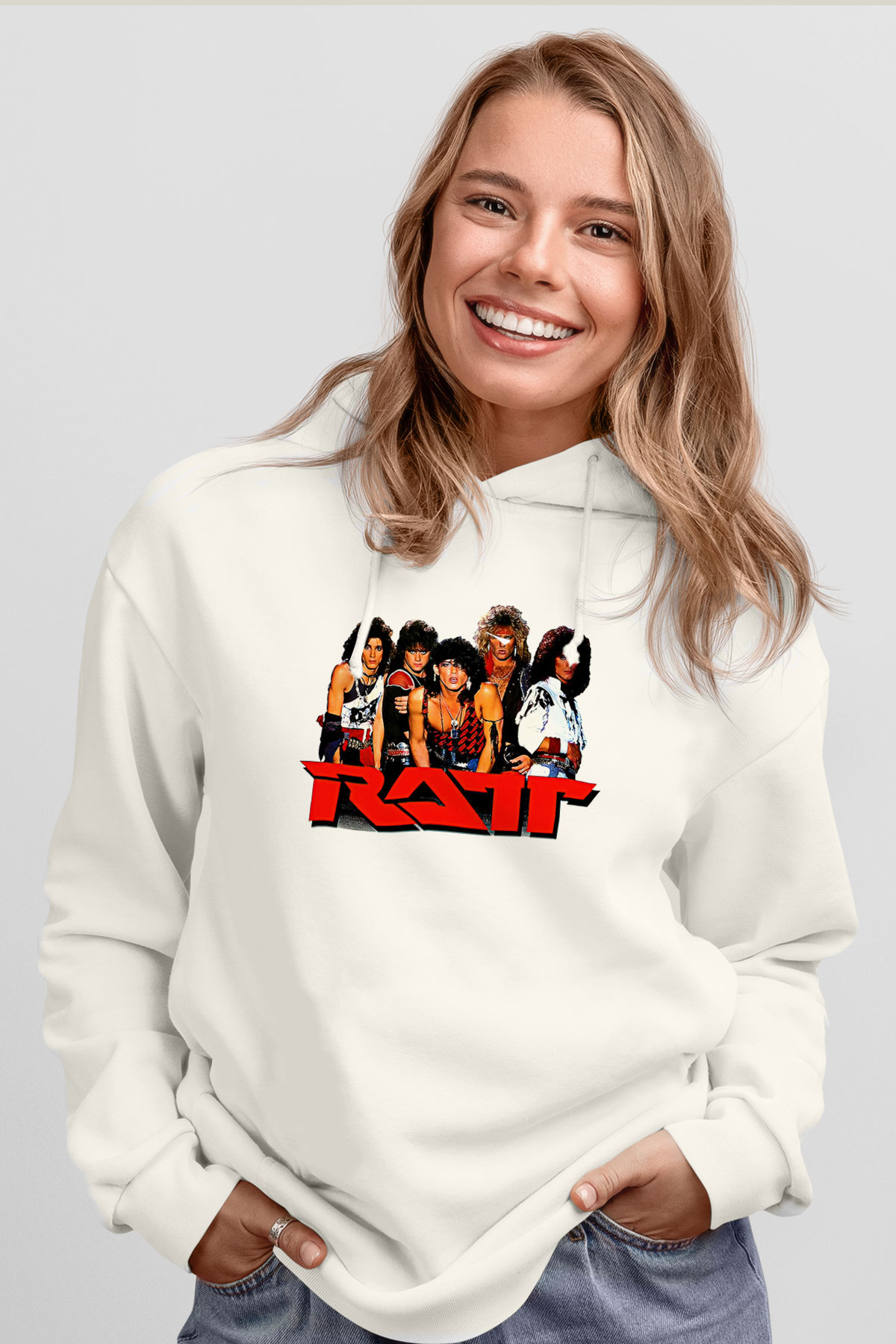 Ratt Baskılı Beyaz Unisex Kapüşonlu Sweatshirt