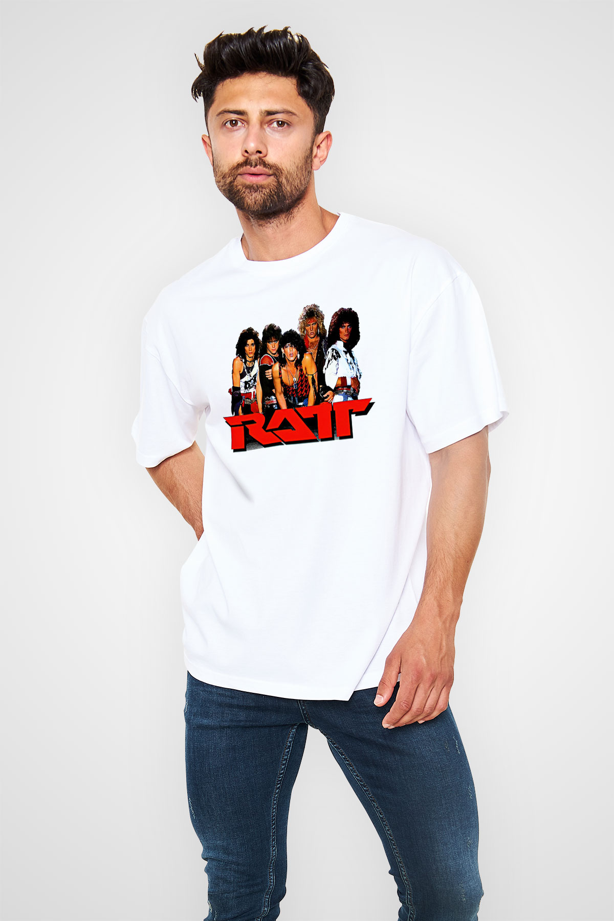 Ratt Baskılı Beyaz Unisex Oversize Tişört - Tshirt