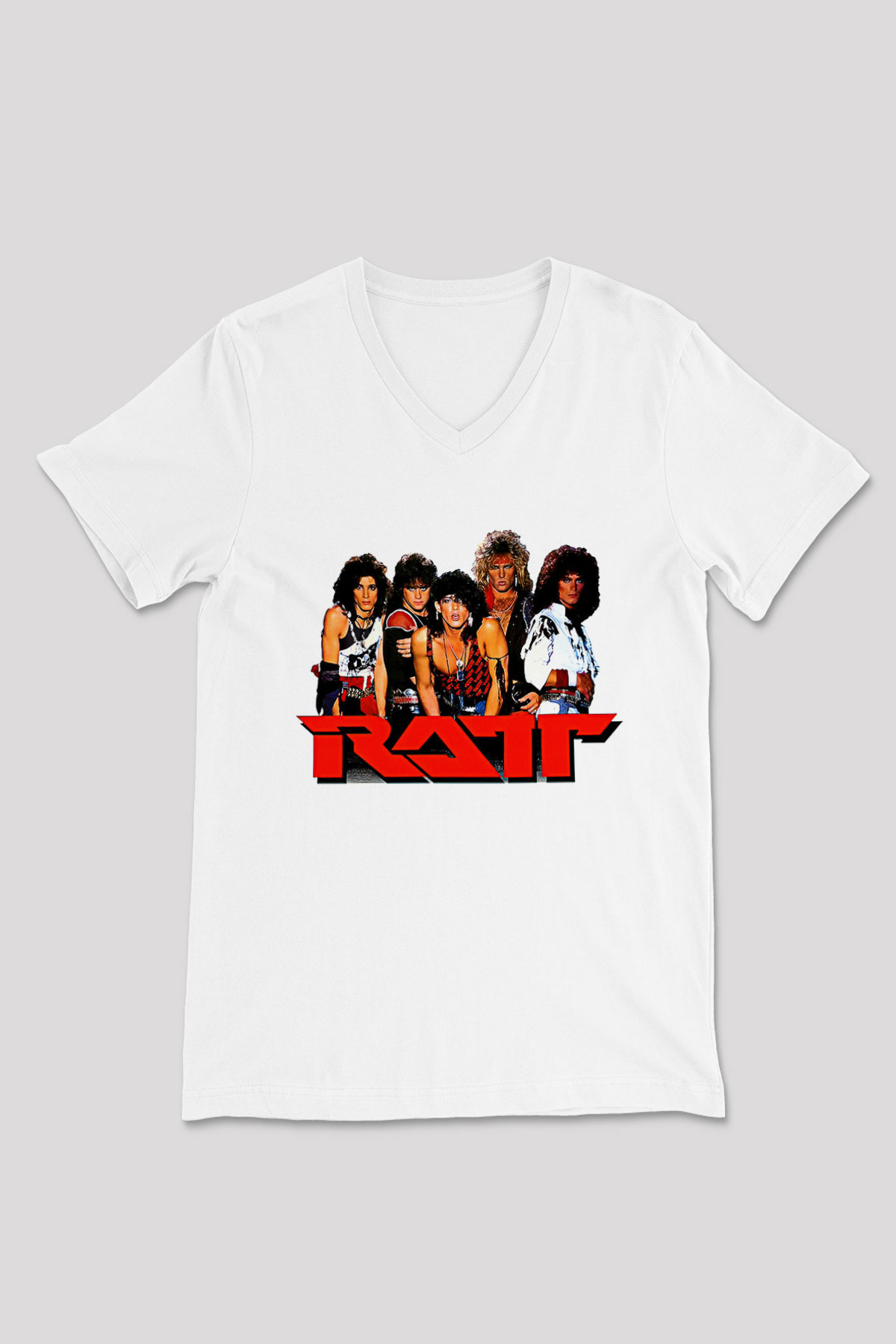 Ratt Baskılı Beyaz Unisex V Yaka Tişört - Tshirt