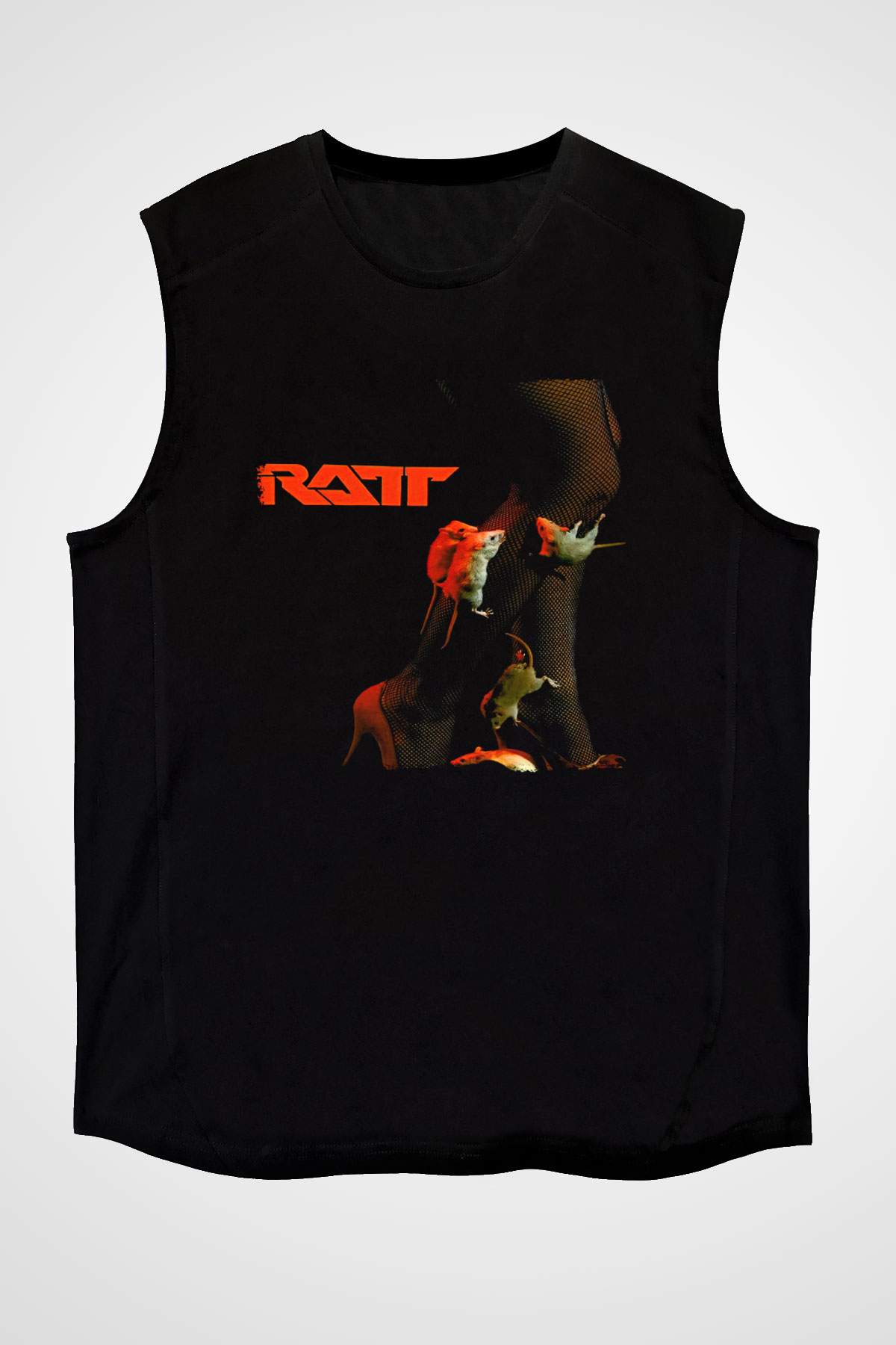 Ratt Baskılı Unisex Siyah Kolsuz Tişört - Tshirt