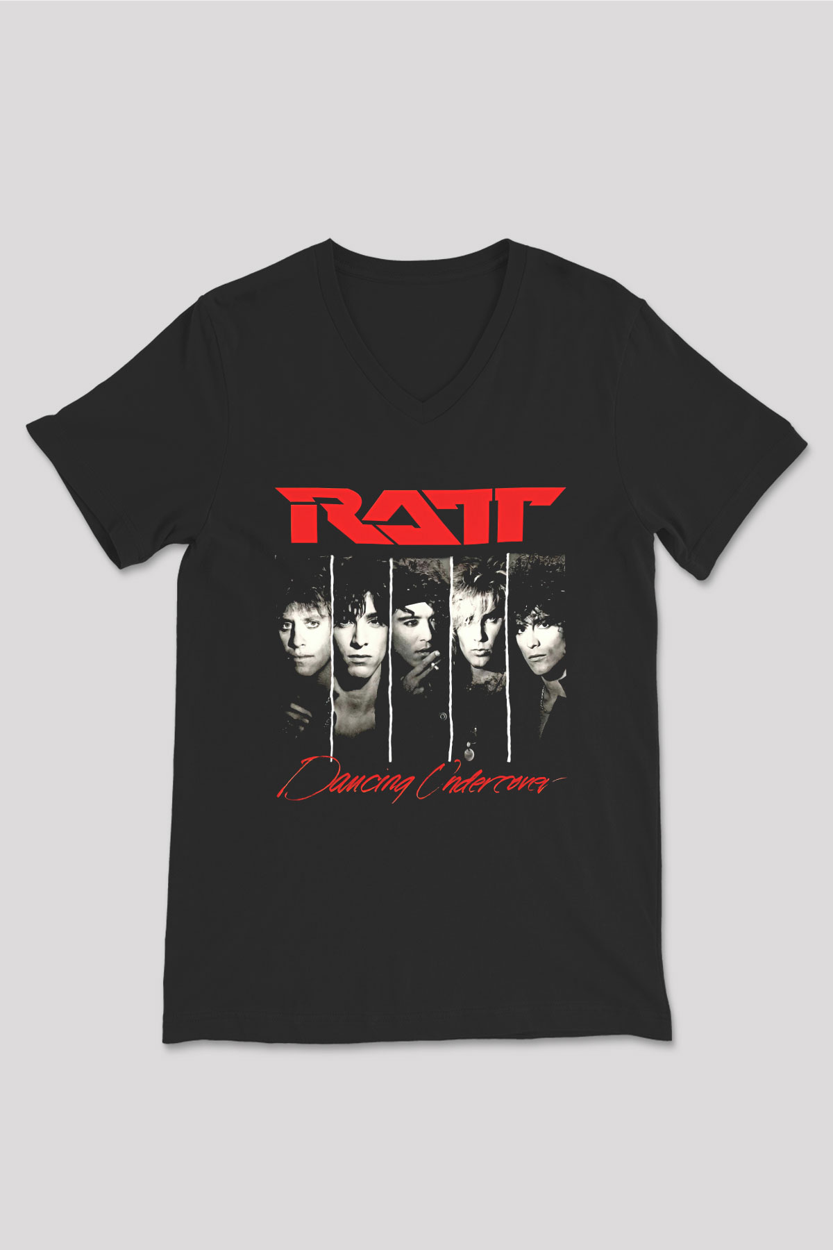 Ratt Baskılı Unisex Siyah V Yaka Tişört - Tshirt