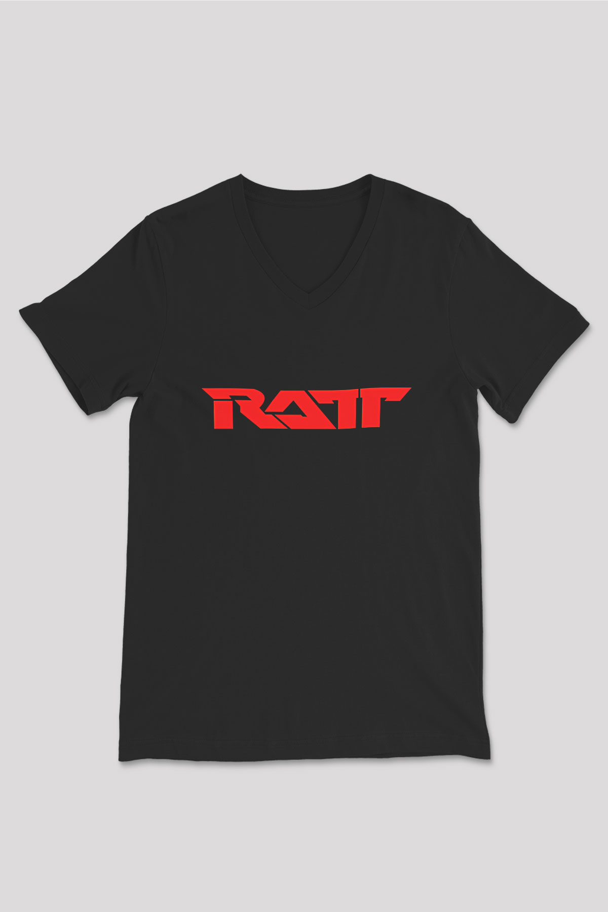 Ratt Baskılı Unisex Siyah V Yaka Tişört - Tshirt