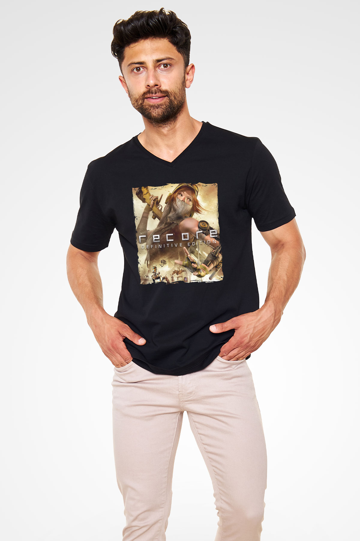 ReCore Siyah Unisex V Yaka Tişört